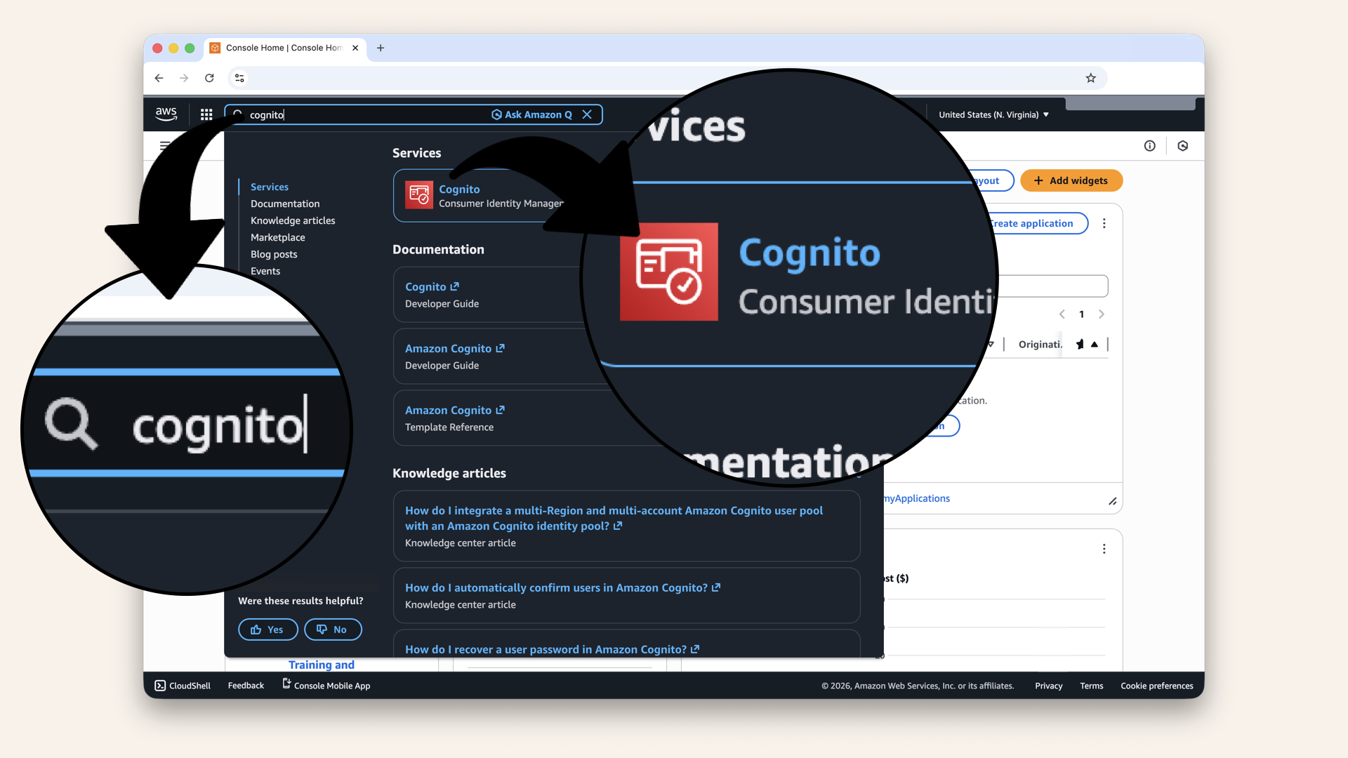 In the search bar at the top, type cognito and click Cognito from the dropdown