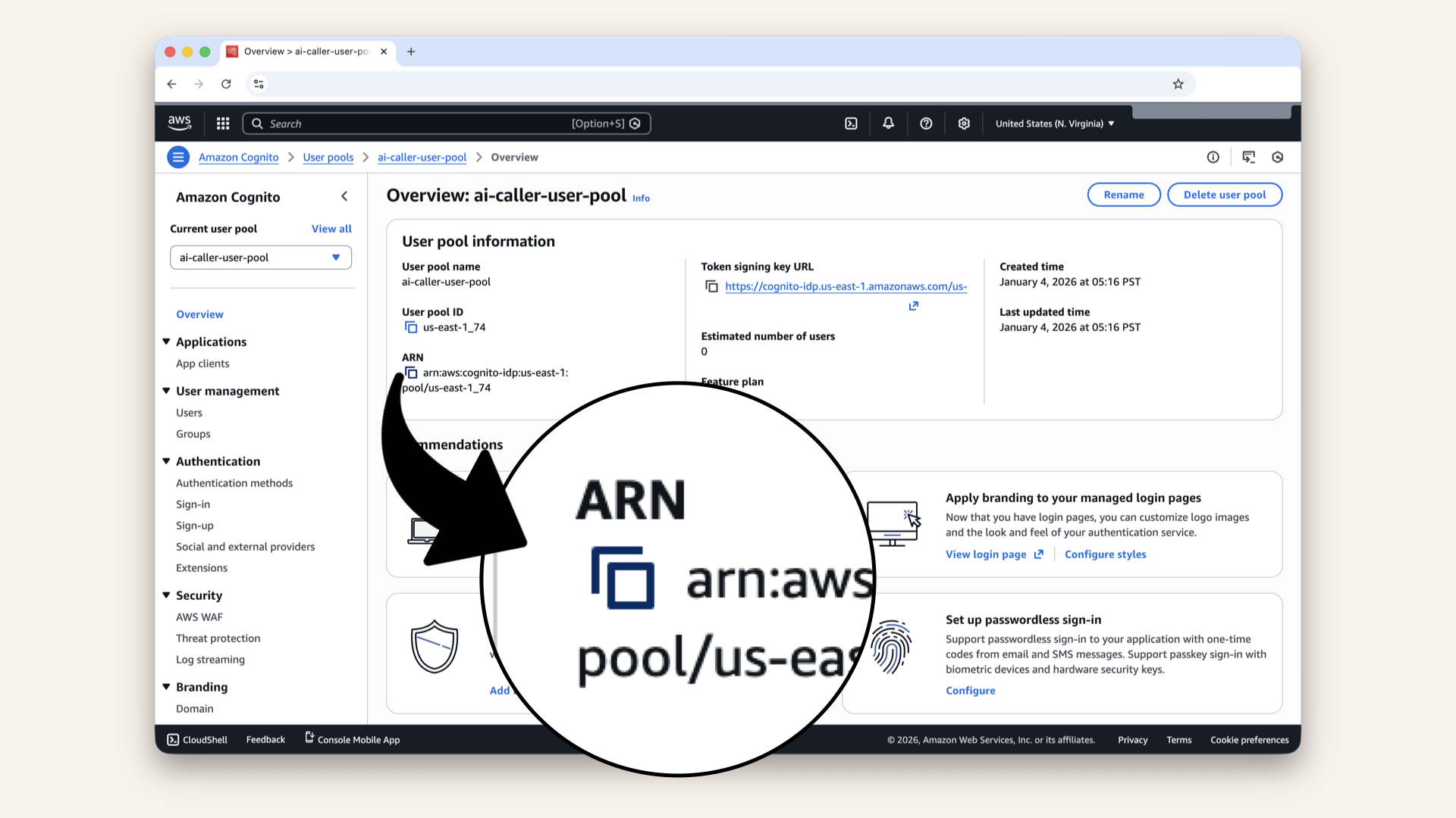 Click the copy icon to copy your user pool ARN