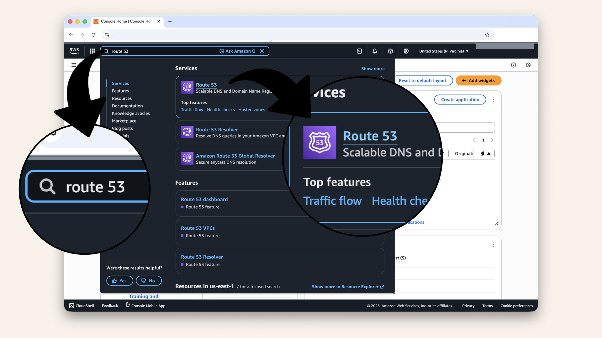 In the search bar at the top, type route 53 and click Route 53 from the dropdown menu