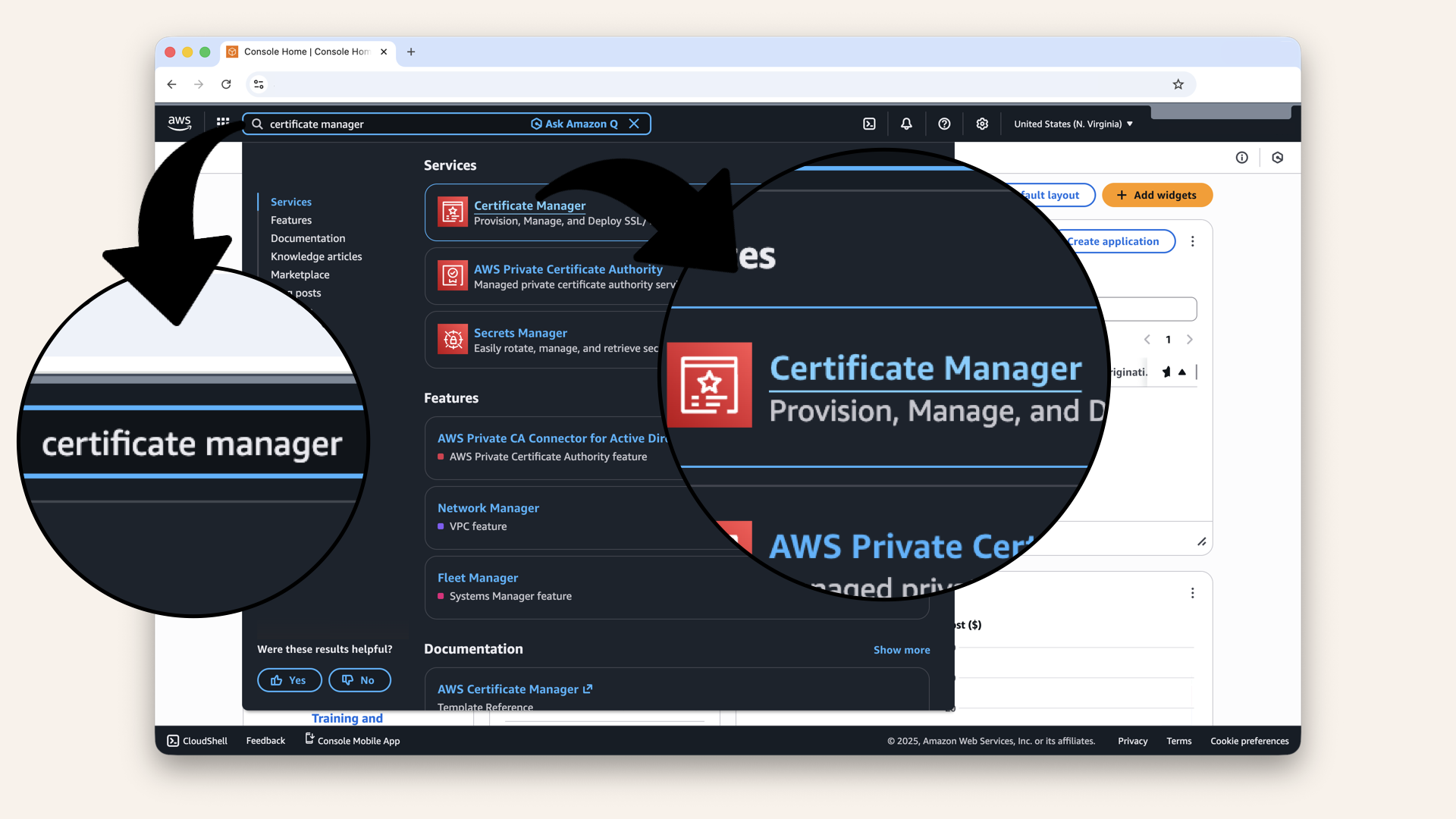 In the search bar at the top, type certificate manager and click Certificate Manager from the dropdown menu