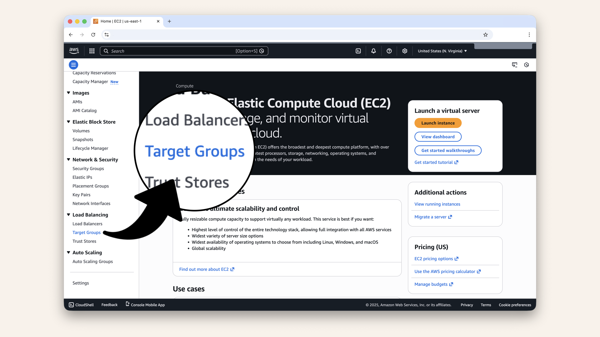 In the left menu, scroll down and click Target Groups (under Load Balancing)