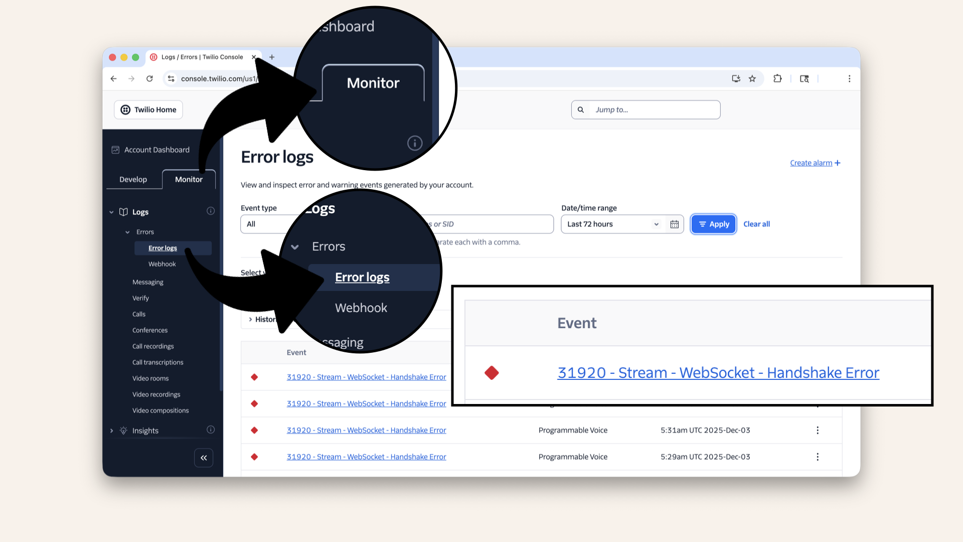 Log in to your Twilio account, click on the Monitor tab, then Error logs