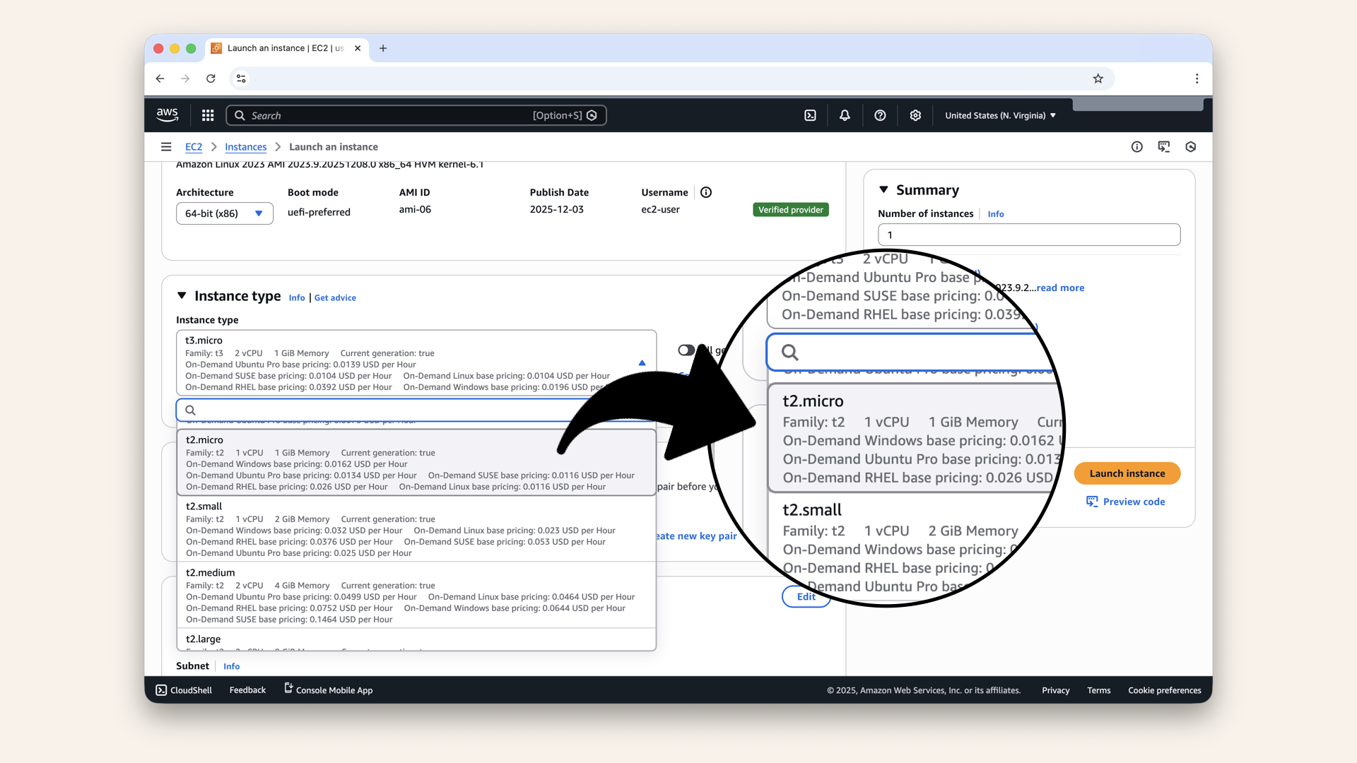 Scroll down to Instance type, select: t2.micro (free tier eligible) Scroll down to Instance type, select: t2.micro (free tier eligible)