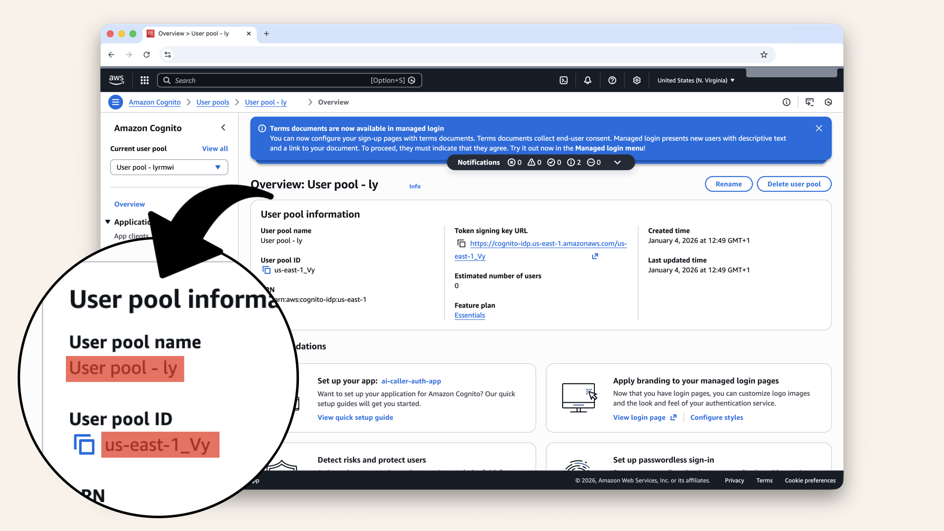 This will take you to the overview of your new Cognito user pool