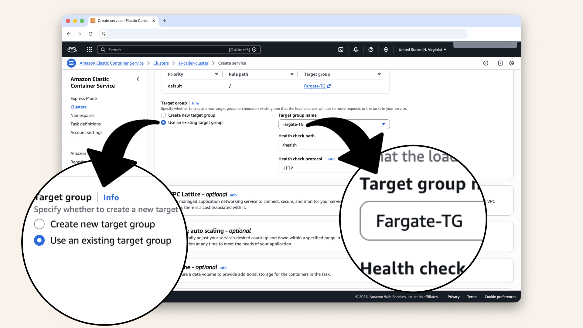 Make sure you select Use an existing target group and select Fargate-TG
