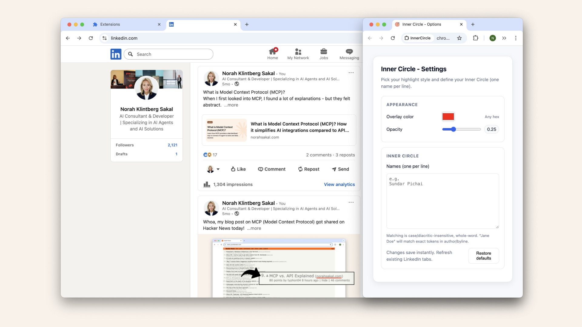 Open the extension options again alongside your LinkedIn feed