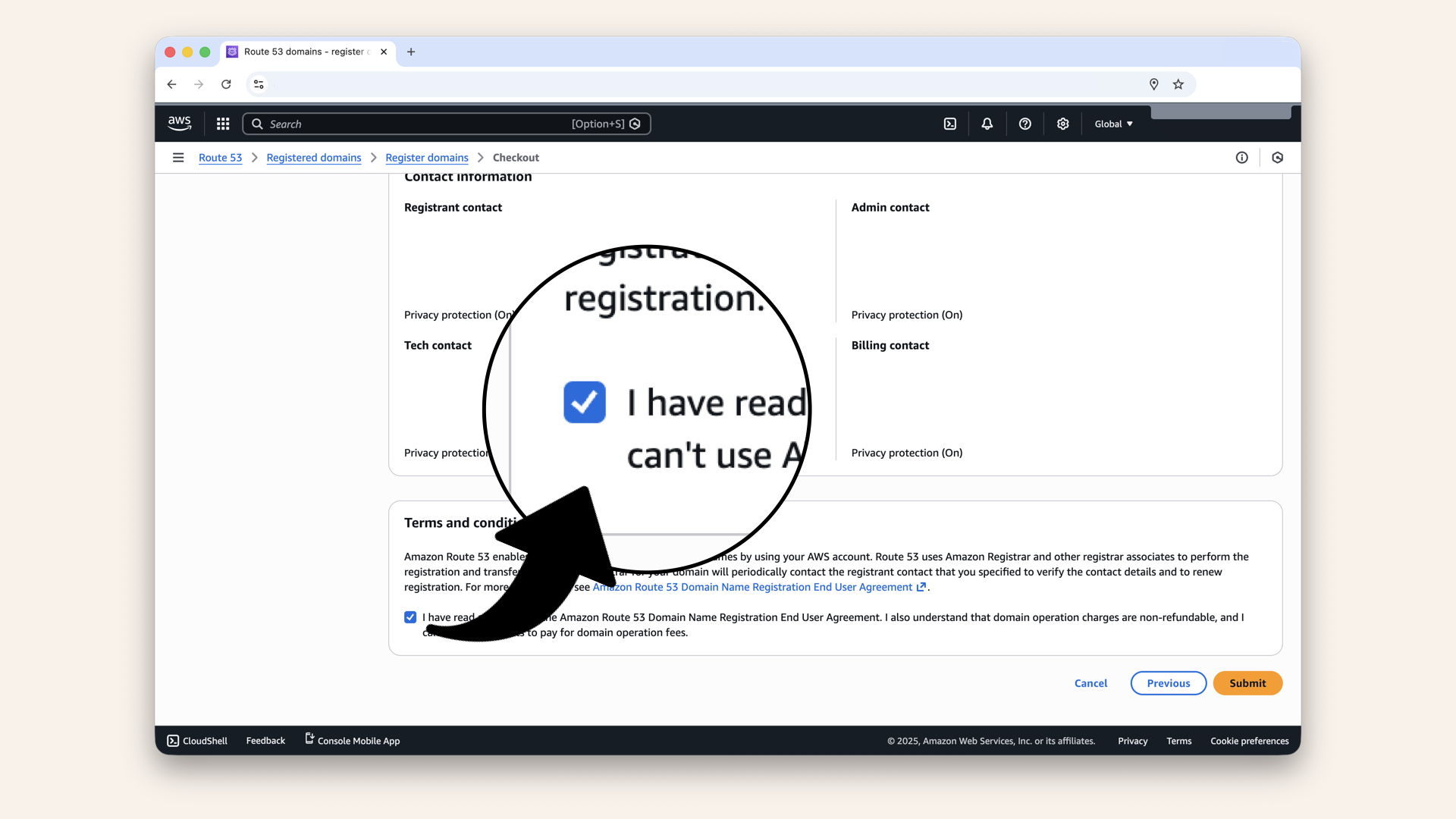 Check the box: I have read and agree to the Amazon Route 53 Domain Name Registration End User Agreement