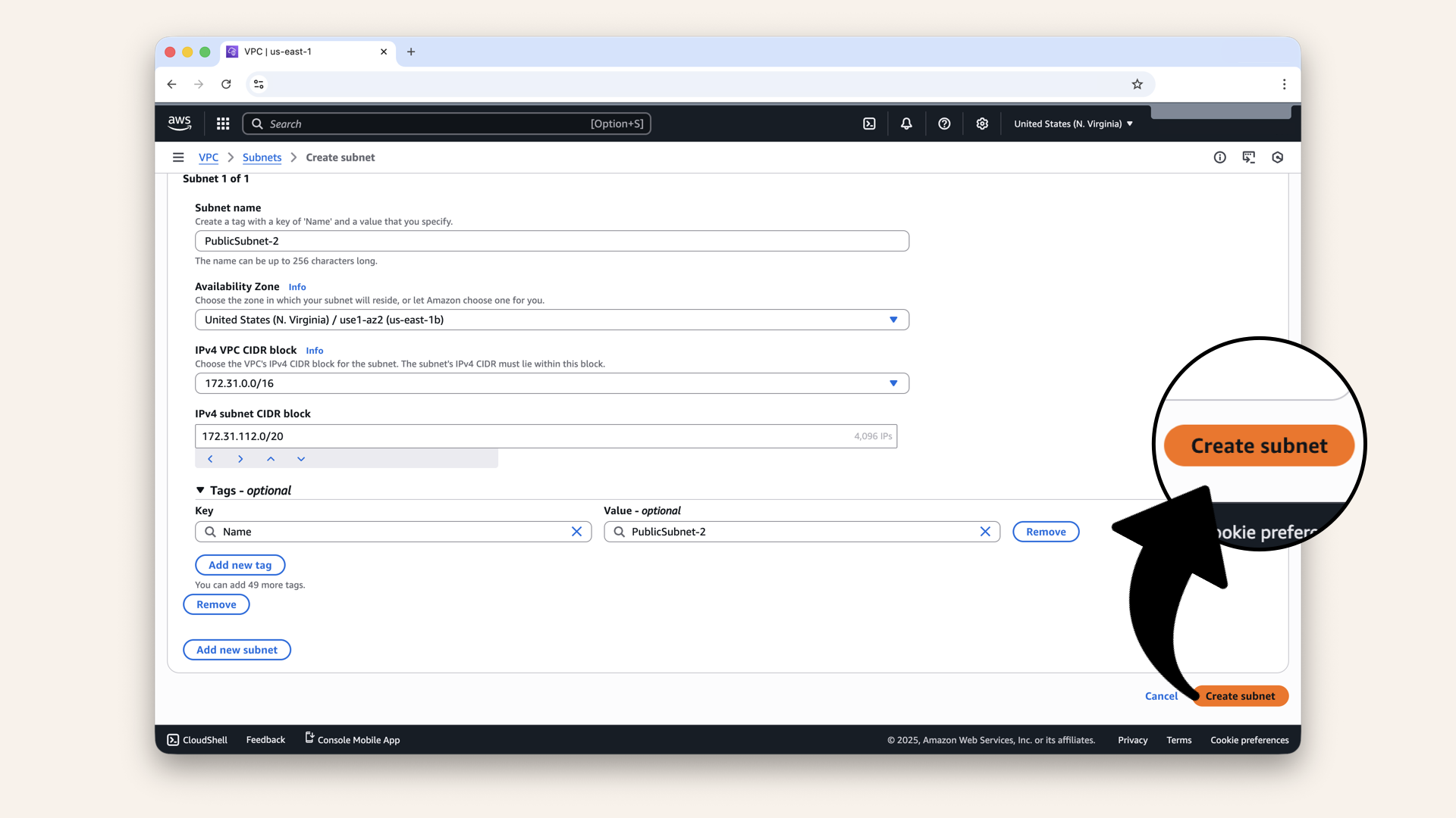 Fill in the details for PublicSubnet-2 and click Create subnet Fill in the details for PublicSubnet-2 and click Create subnet