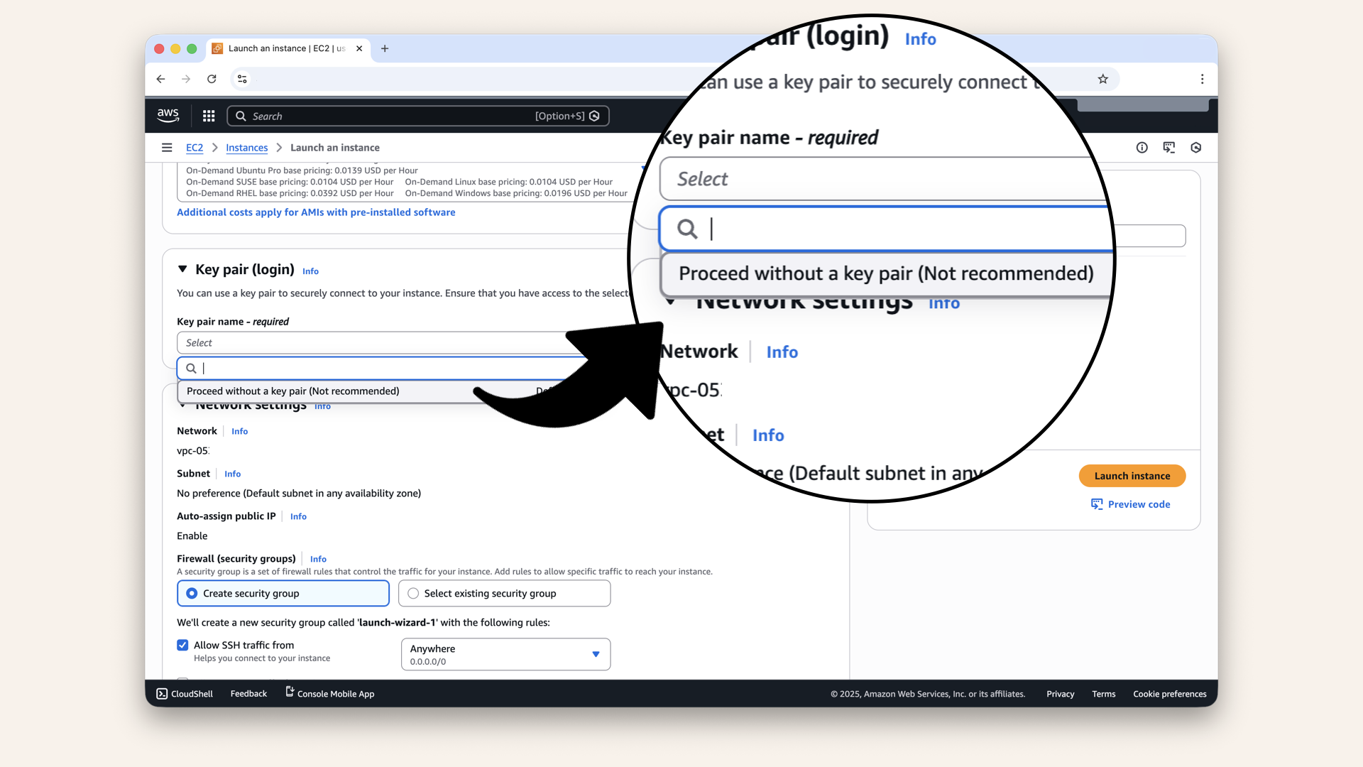 Scroll down to Key pair,select Proceed without a key pair (were using Session Manager) Scroll down to Key pair,select Proceed without a key pair (were using Session Manager)