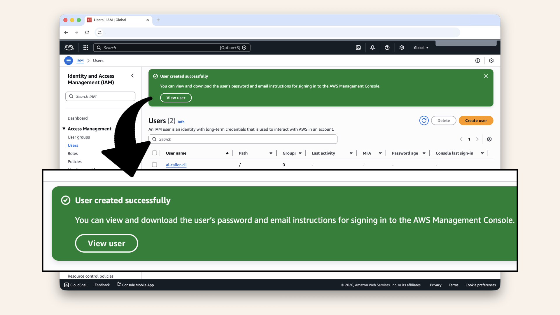 You should see User created successfully