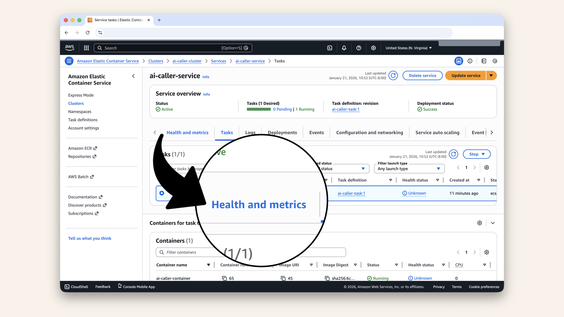 Click the Health and metrics tab