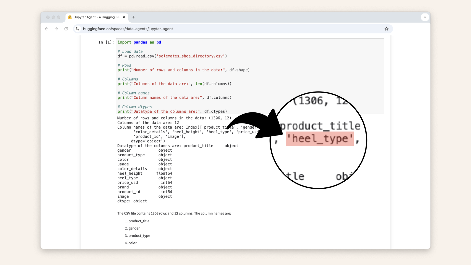 The data structure analysis showed a columned named heel_type