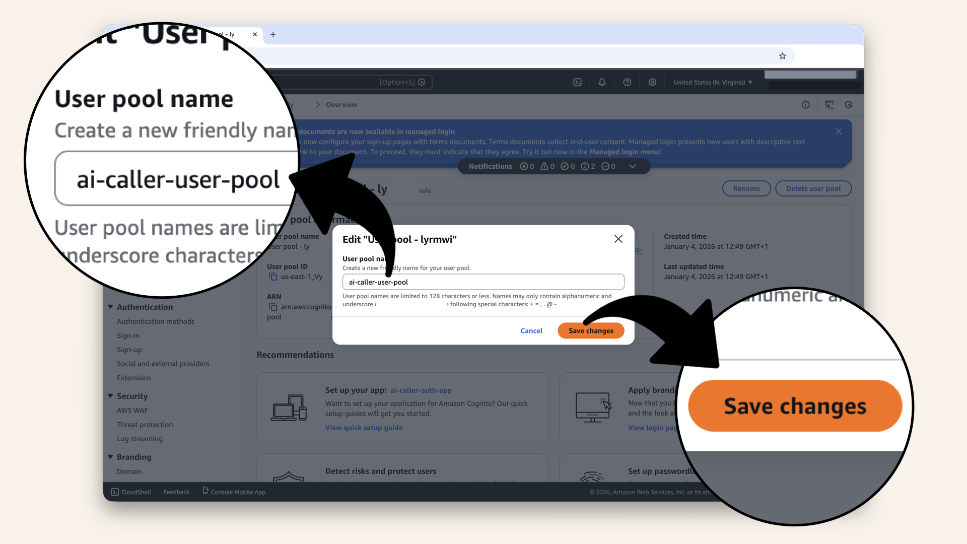 Name your user pool ai-caller-user-pool and click Save changes