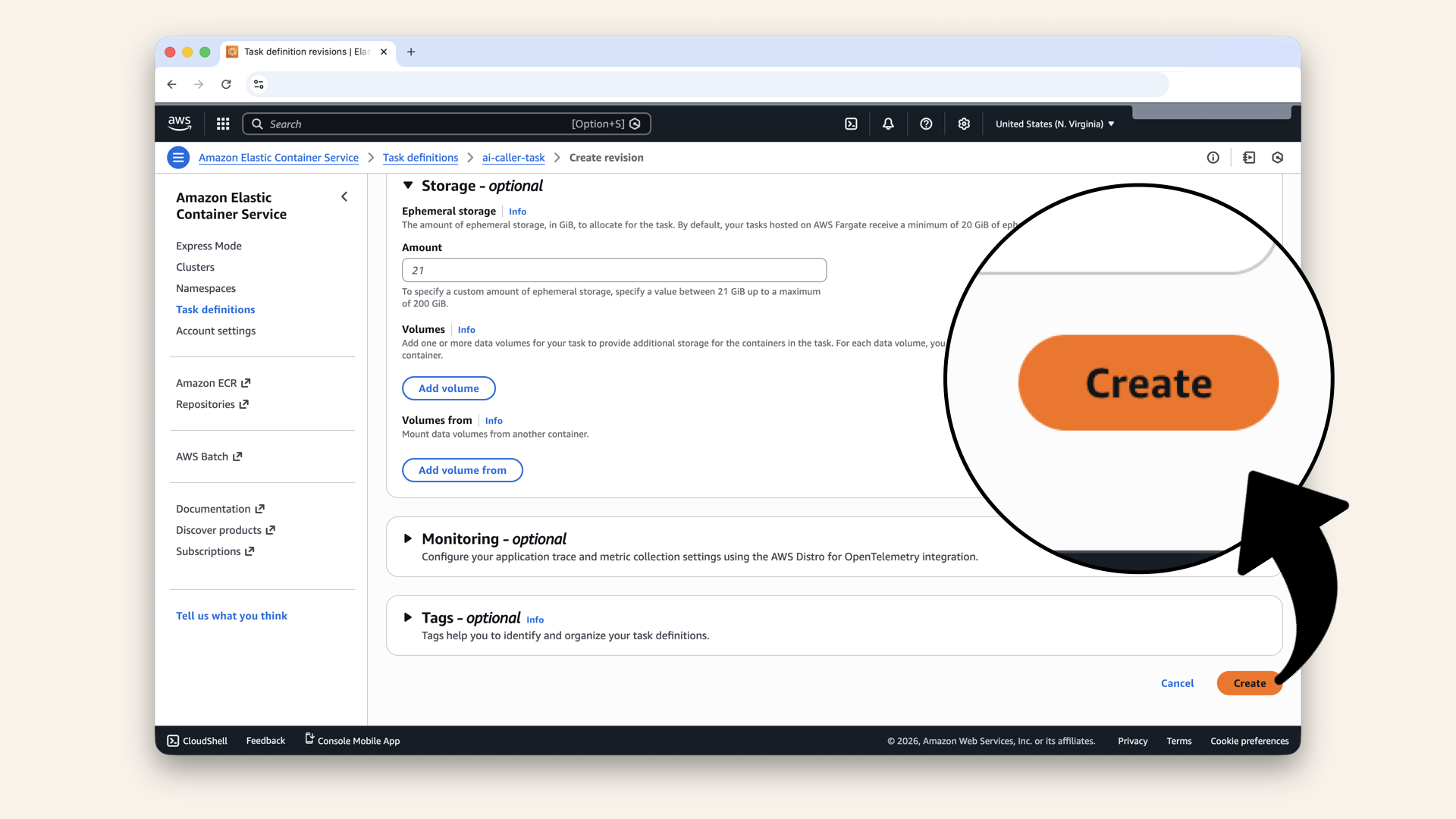 Make your changes (add/update environment variables, adjust memory, etc.) then scroll down and click Create