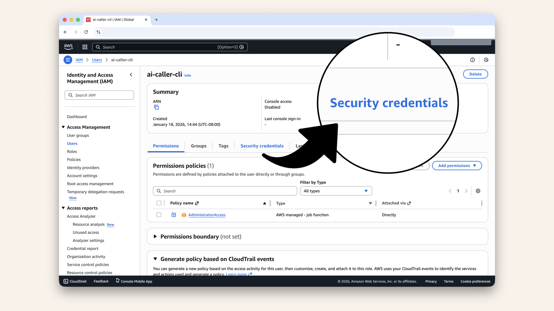 Click the Security credentials tab