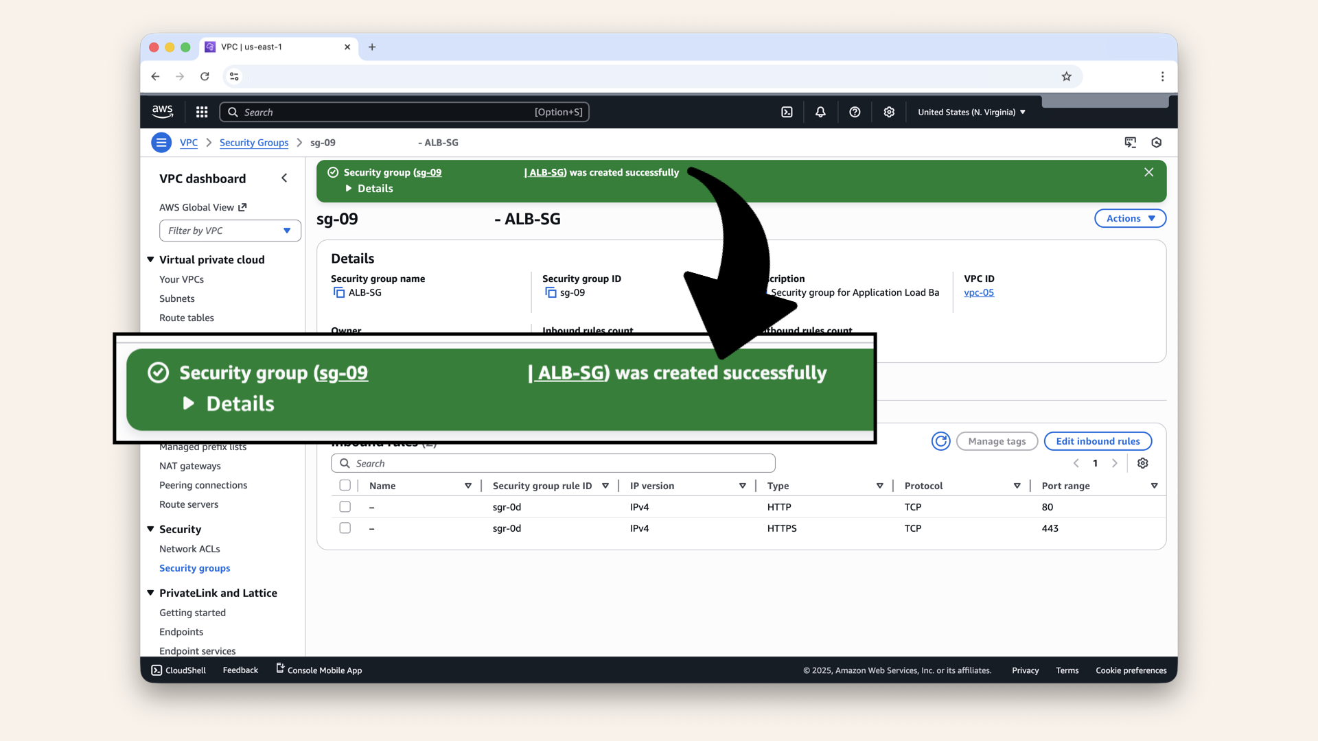 You should see: Security group created successfully You should see: Security group created successfully