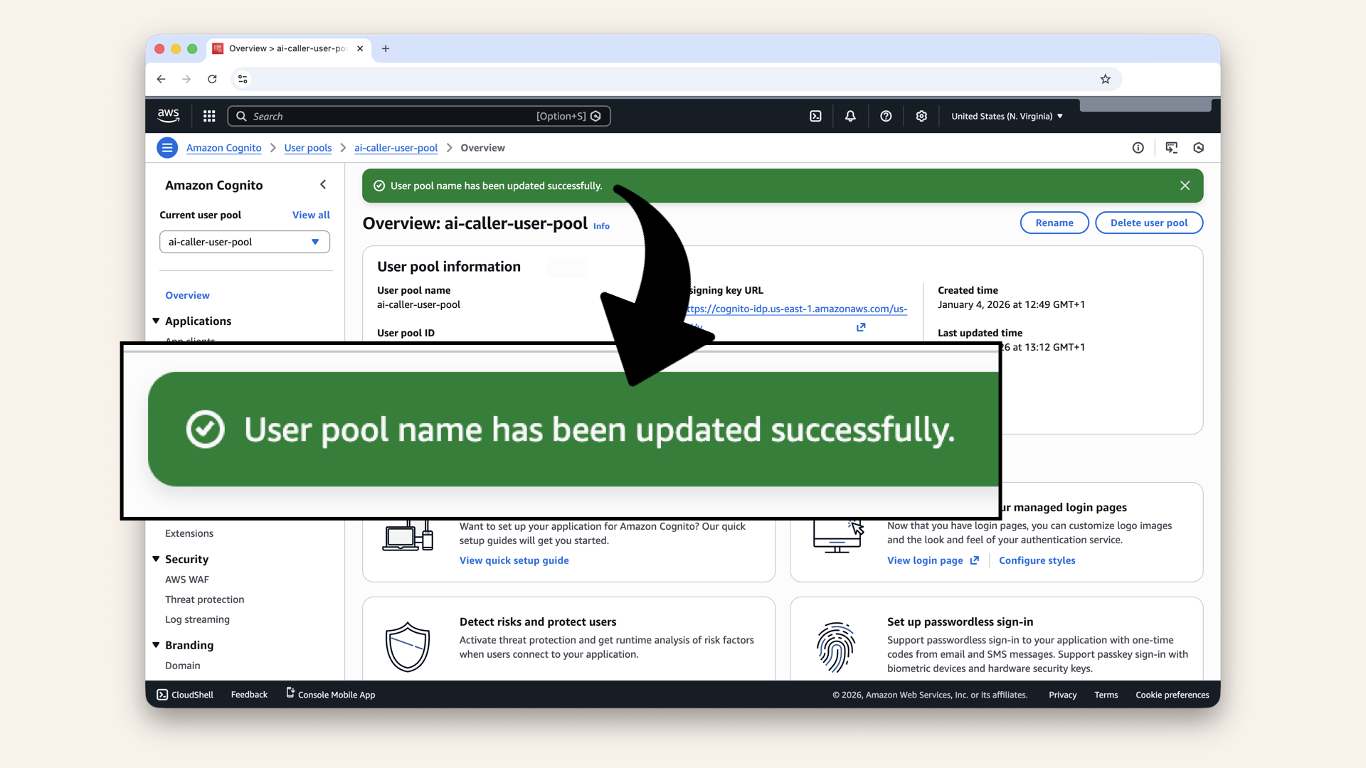 You should see User pool name successfully updated