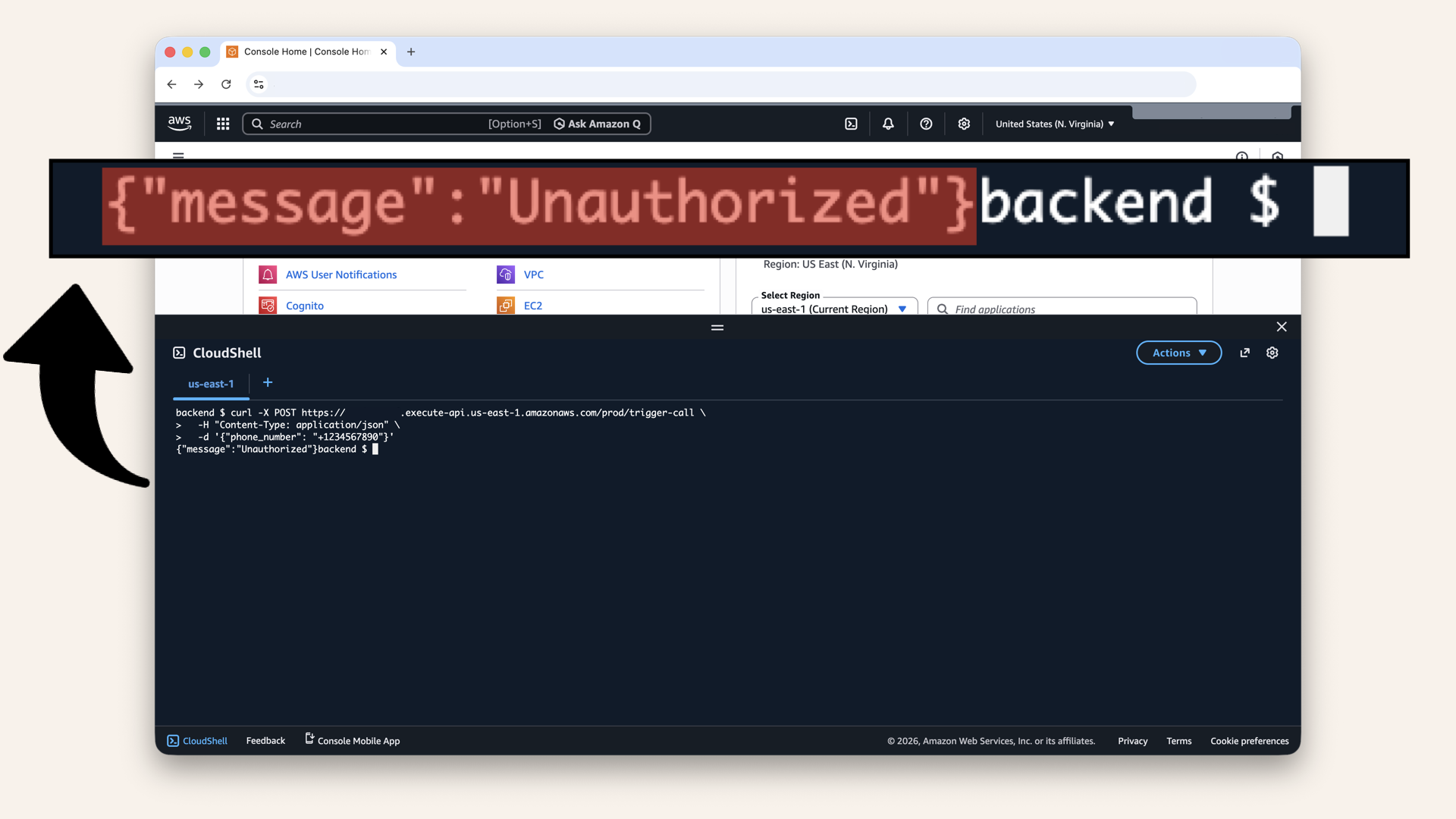 The endpoint is protected. Without a valid Cognito token, you get 401
