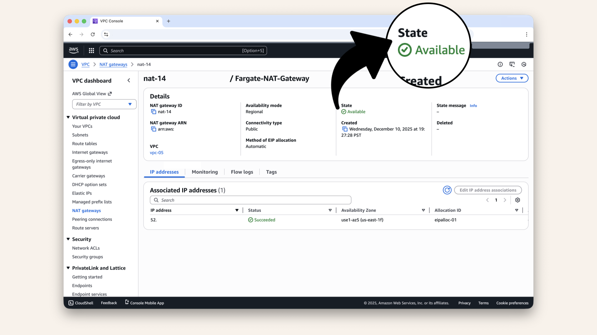 When it shows Available, your NAT Gateway is ready When it shows Available, your NAT Gateway is ready