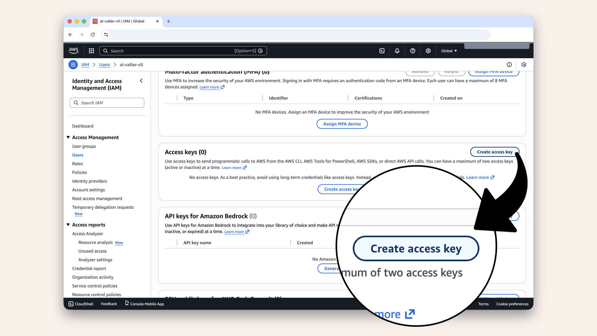 Scroll down to Access keys and click Create access key