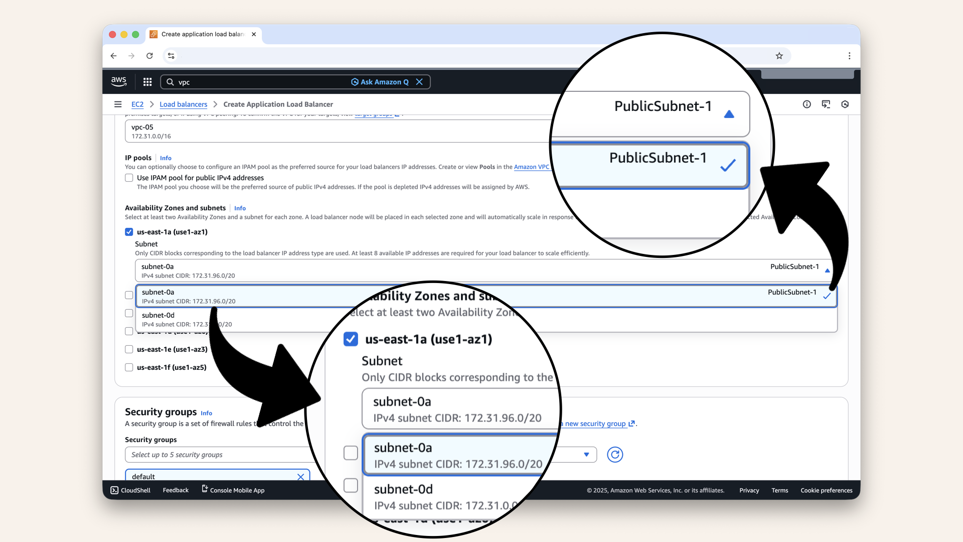 Check us-east-1a and select PublicSubnet-1 from the dropdown