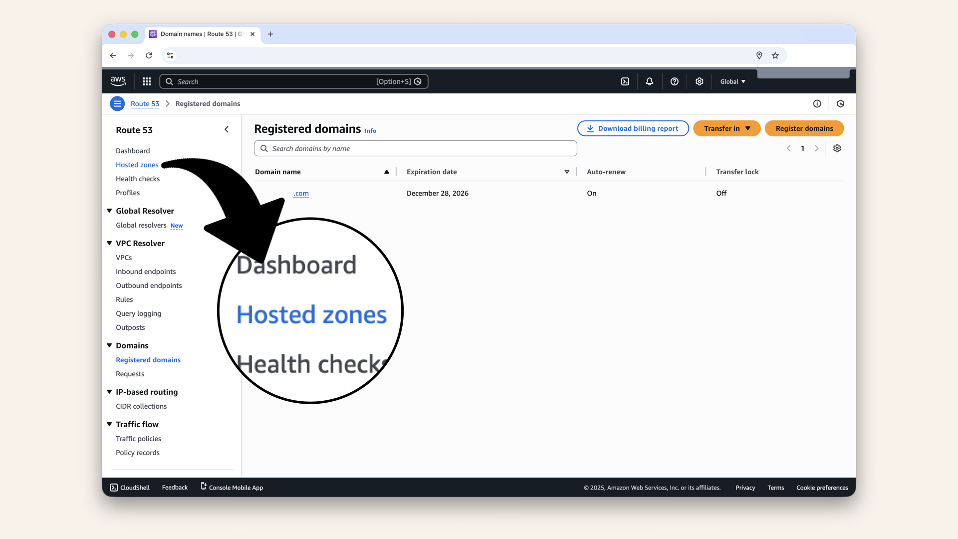 Click Hosted zones in the left menu