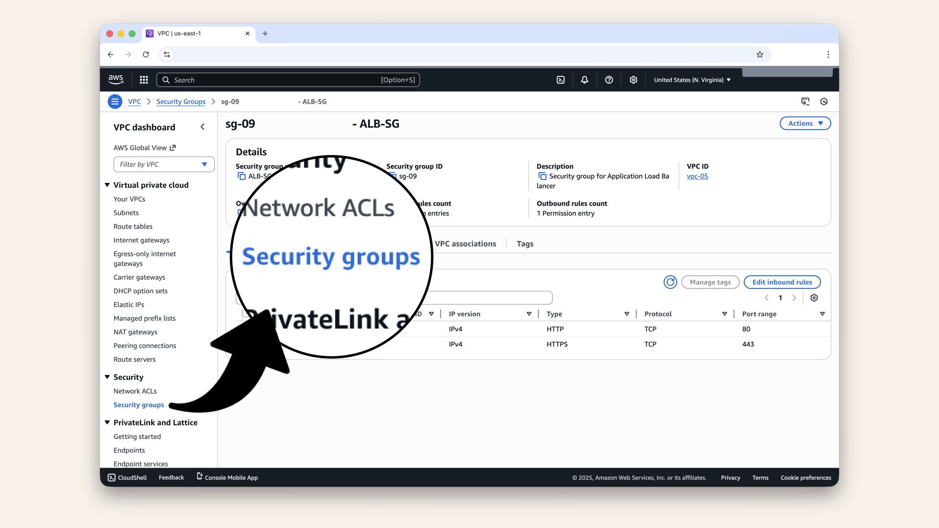 Click Security groups in the left menu to get back to the Security Groups menu Click Security groups in the left menu to get back to the Security Groups menu