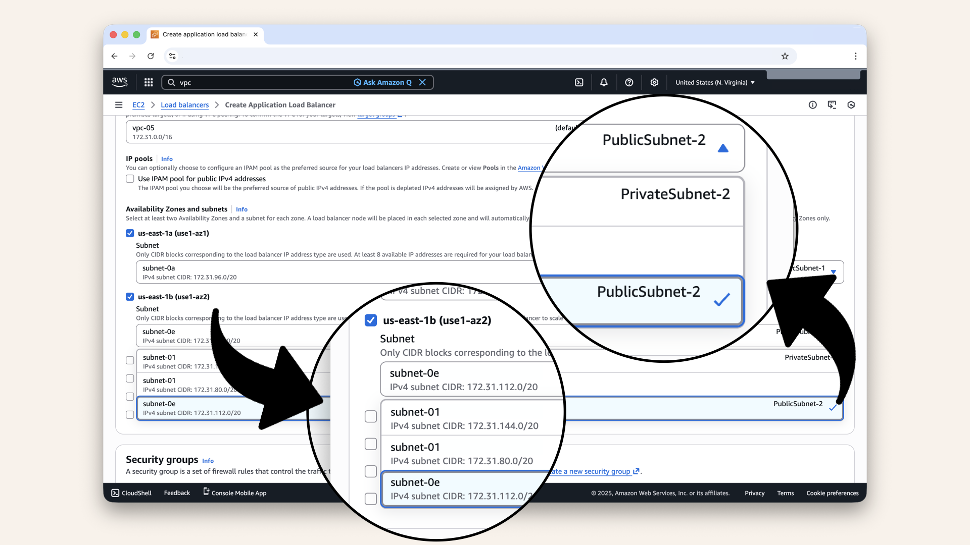 Check us-east-1b and select PublicSubnet-2 from the dropdown