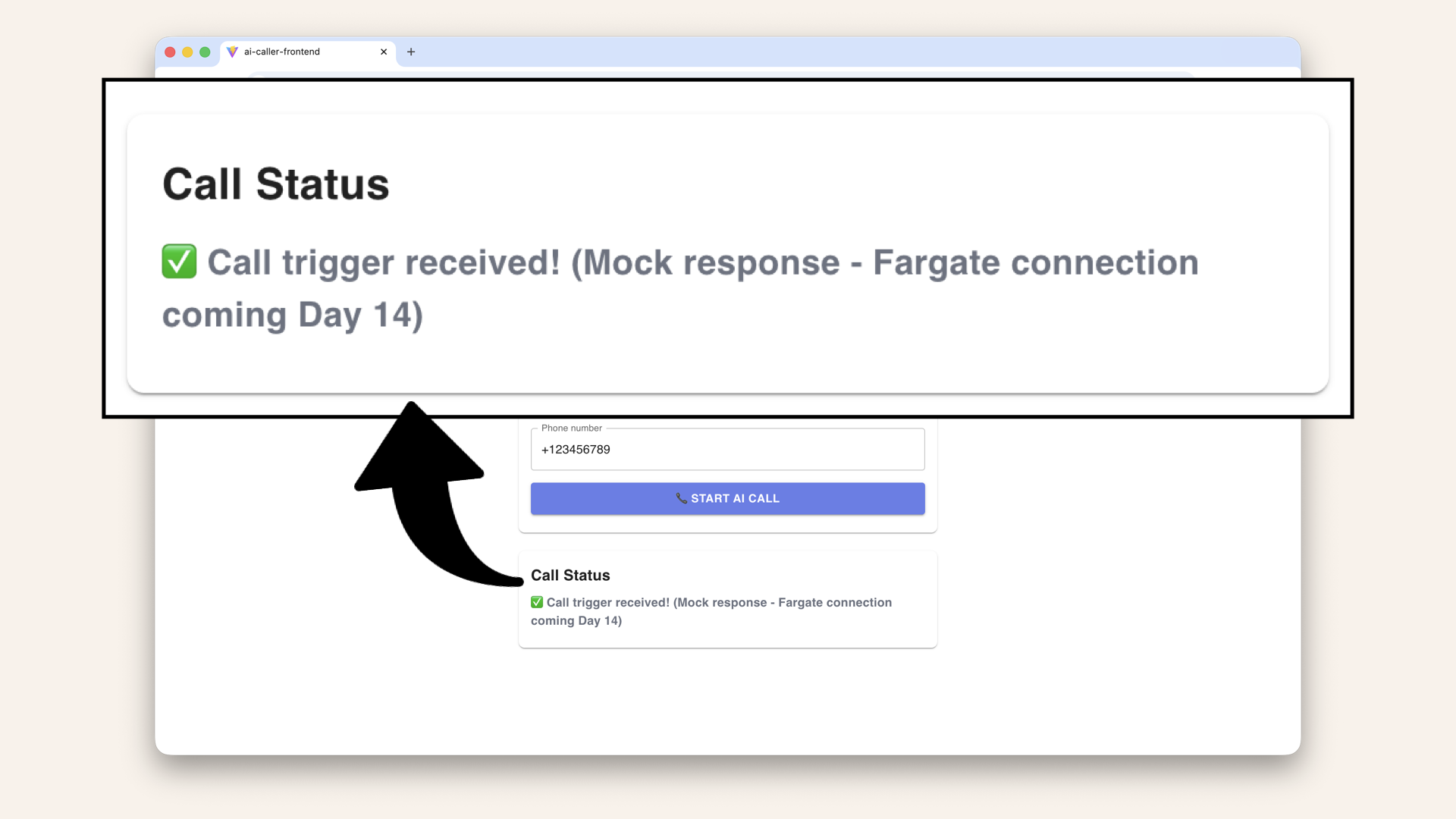 Expected result: ✅ Call trigger received! (Mock response - Fargate connection coming Day 14)