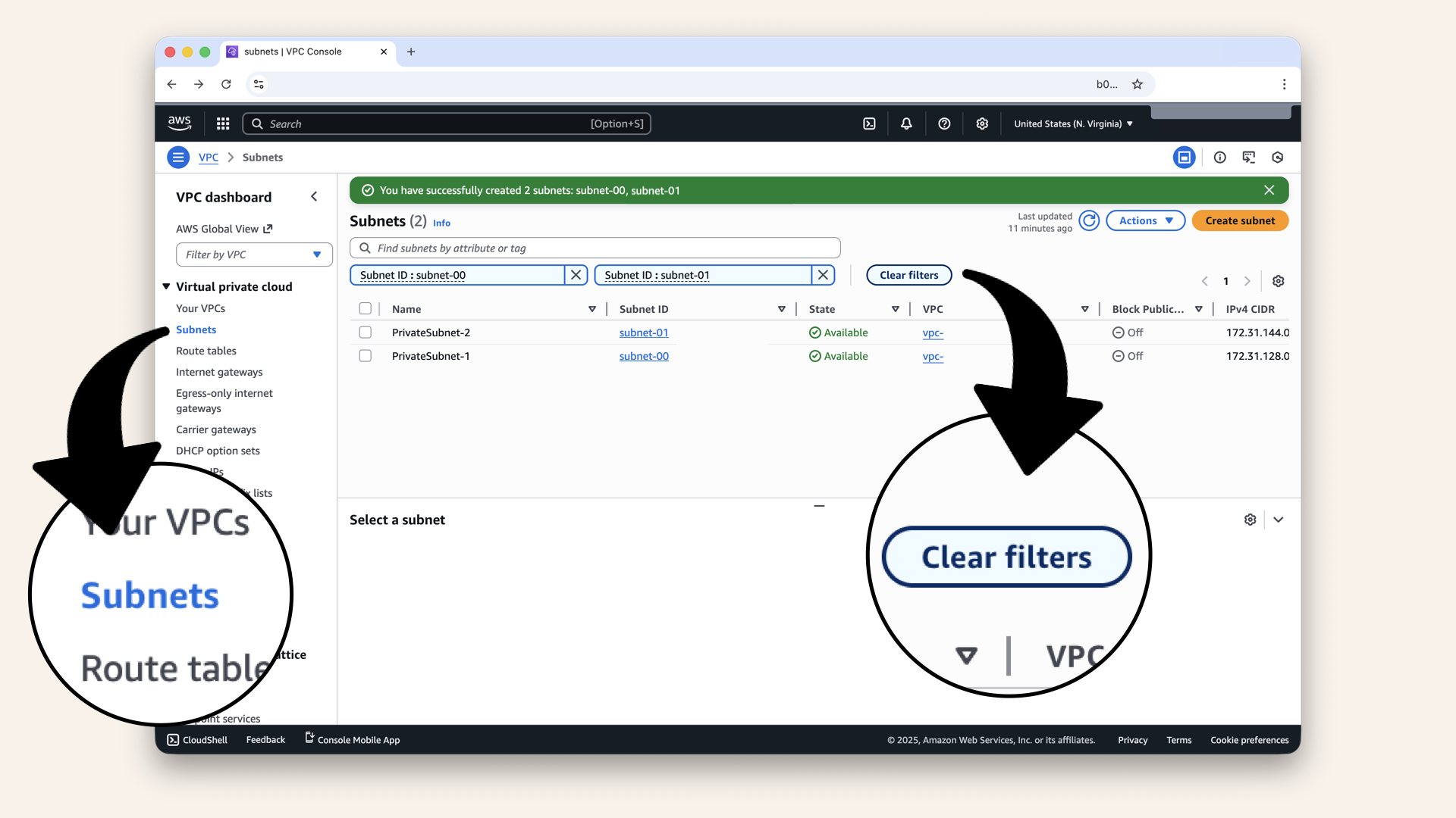 Click on either Subnets in the left menu or Clear filters Click on either Subnets in the left menu or Clear filters