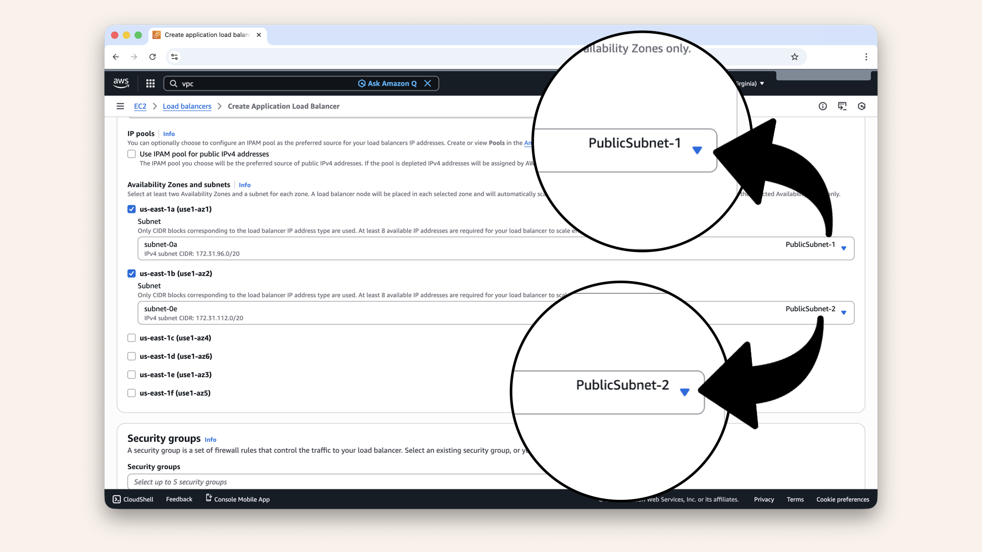 Make sure to select PublicSubnet-1 and PublicSubnet-2
