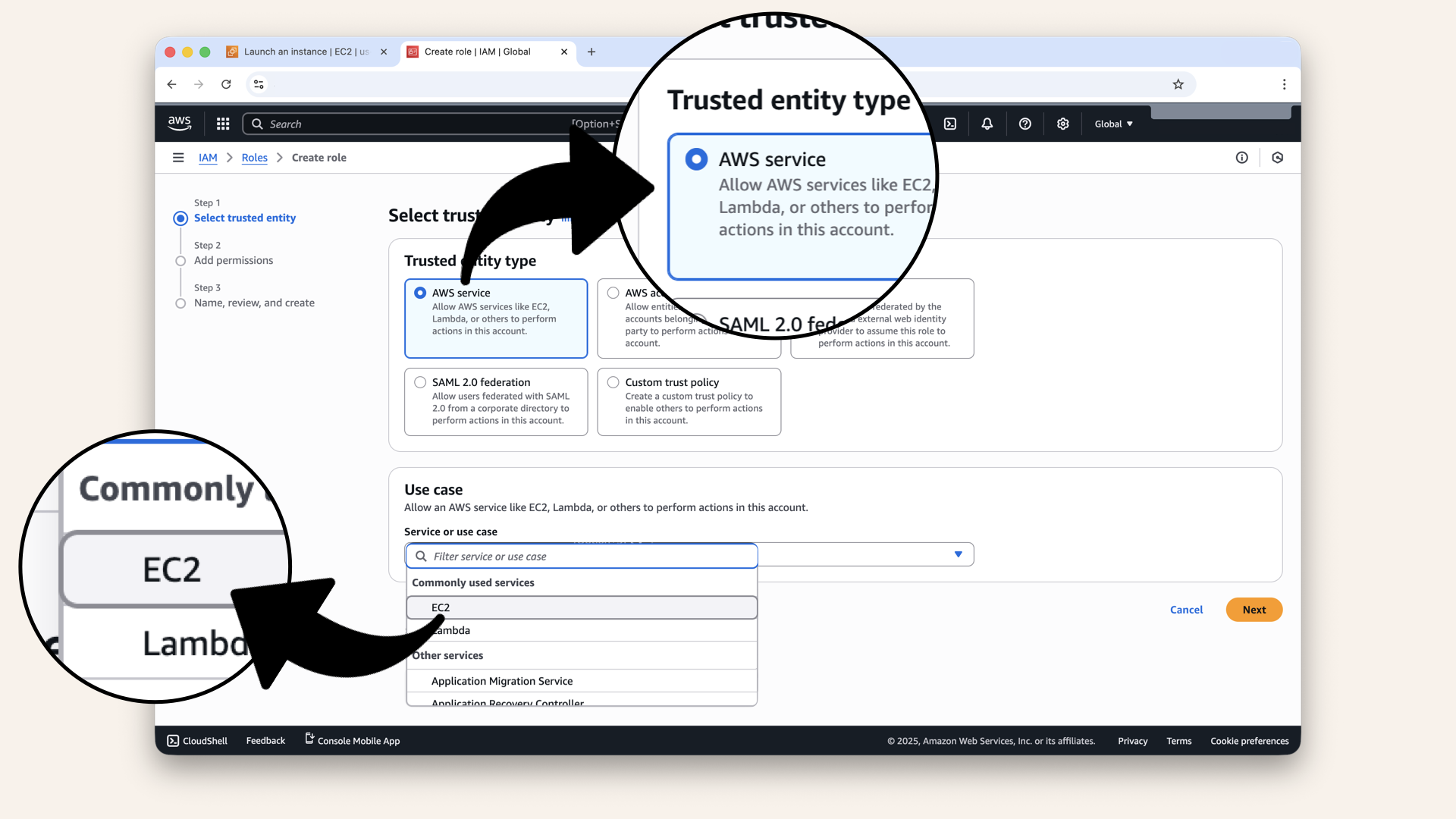 Select AWS service and EC2 Select AWS service and EC2