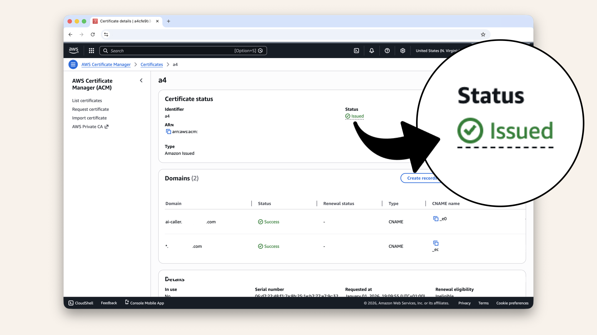 Refresh the page until Status changes from Pending validation to Issued