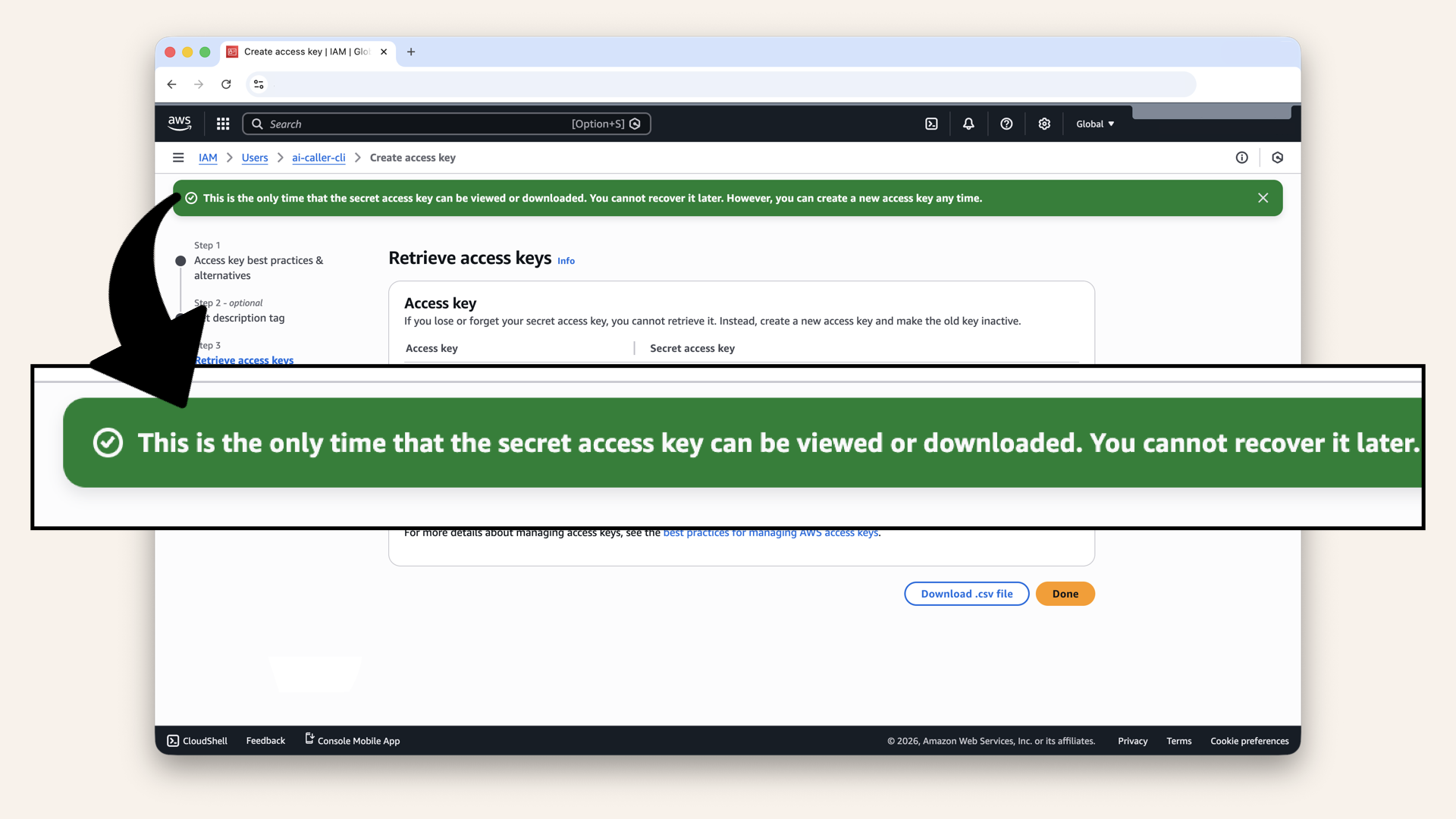 You will only see the Secret access key once. Copy and save both values immediately