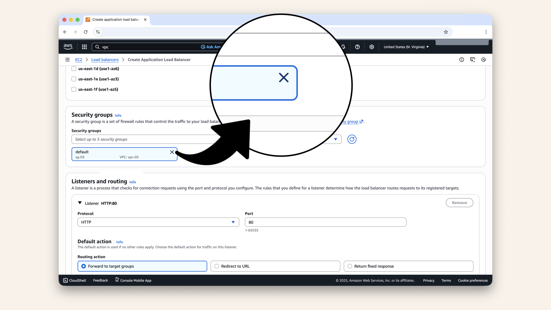 Click the X next to the default security group