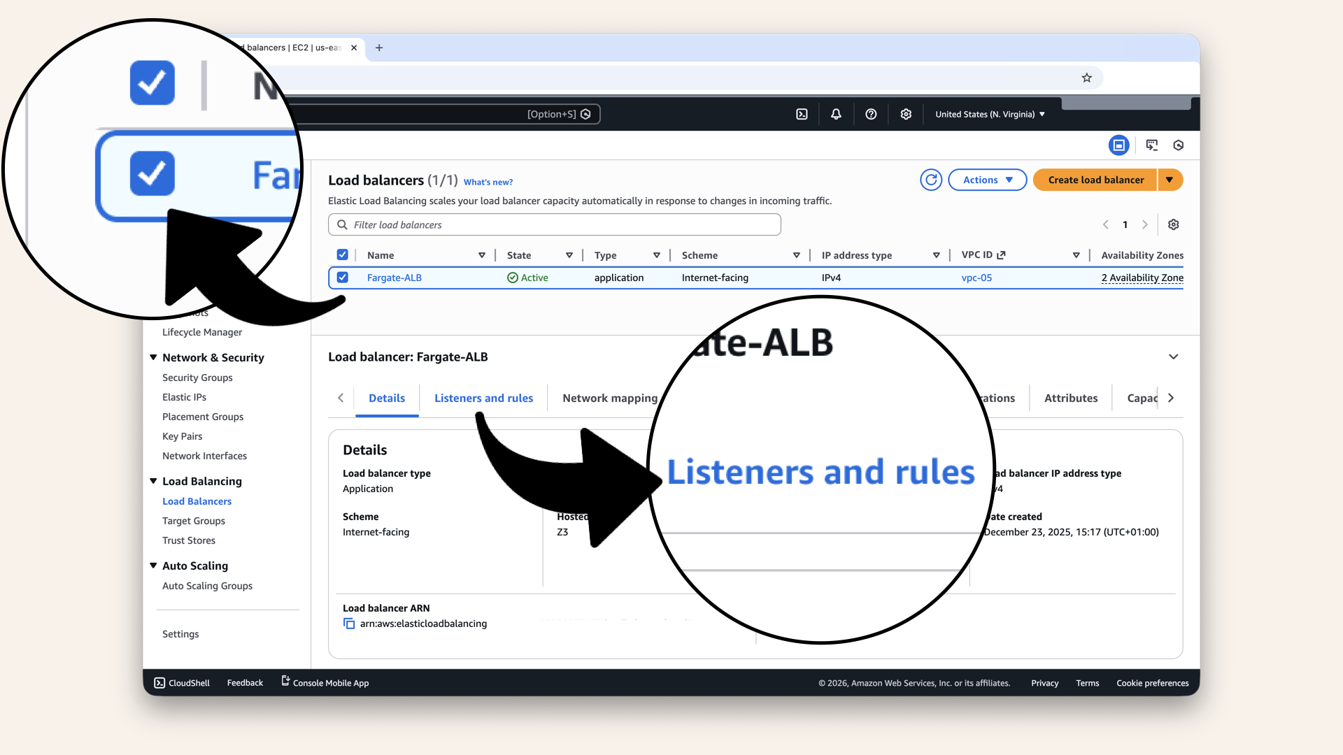 Select Fargate-ALB and click the Listeners and rules tab