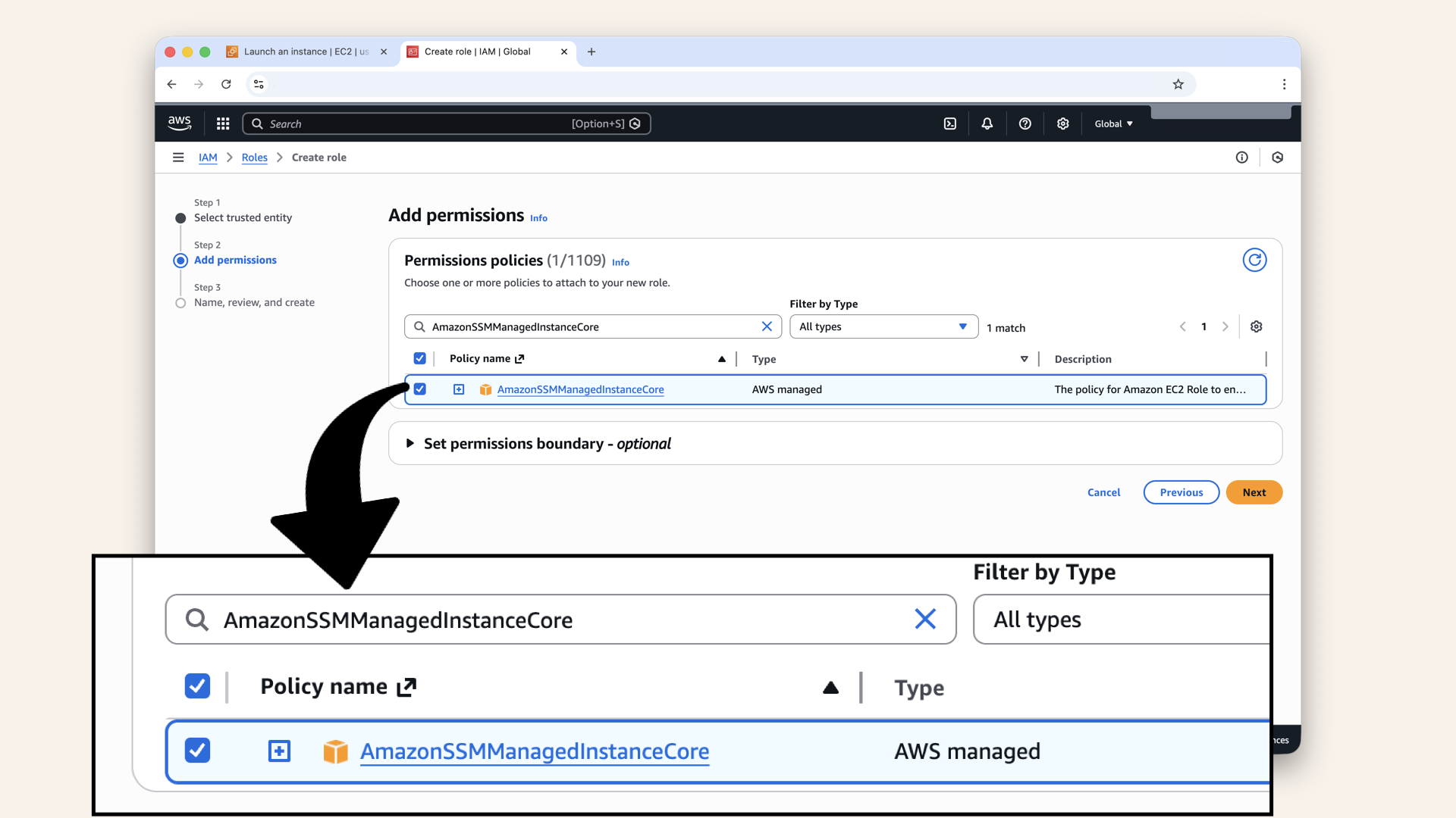 Search for and select AmazonSSMManagedInstanceCore Search for and select AmazonSSMManagedInstanceCore