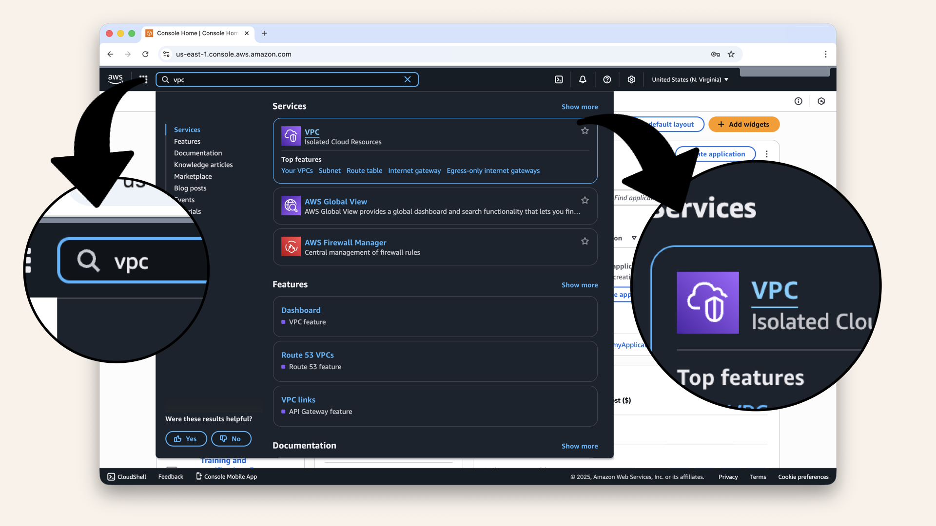In the search bar at the top, type VPC and click VPC from the dropdown