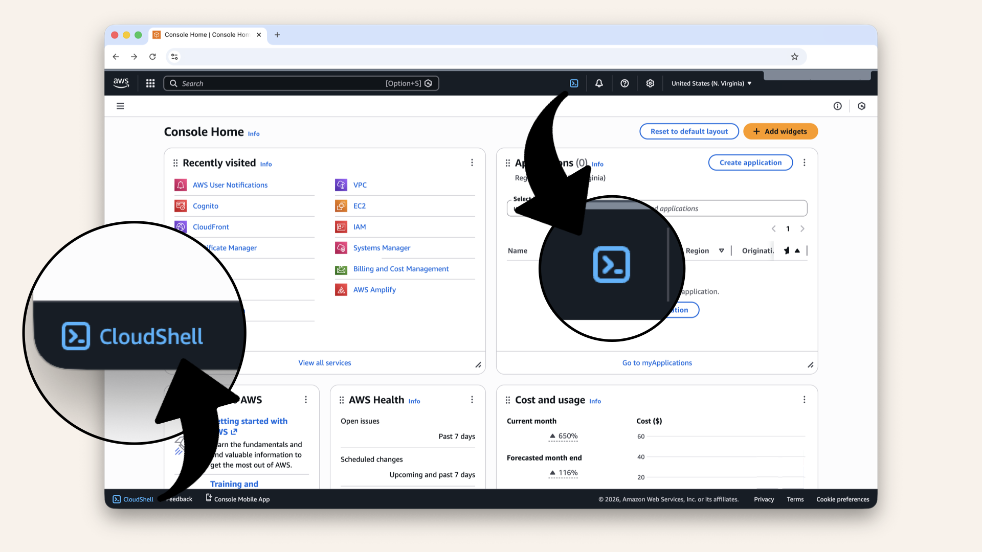 Click the CloudShell icon in the top navigation bar or left bottom menu