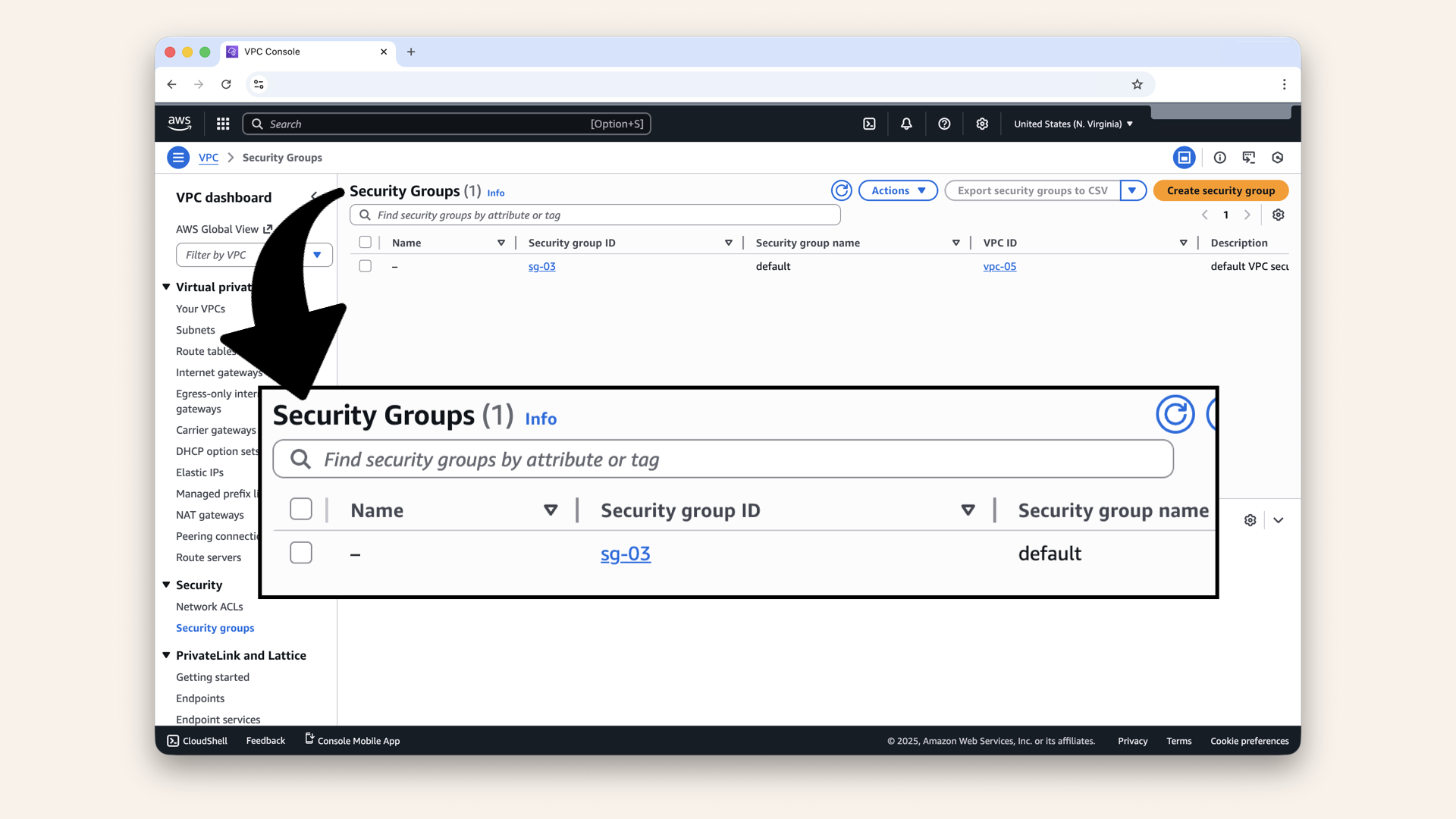 You'll see existing Security Groups (AWS creates a default one) You'll see existing Security Groups (AWS creates a default one)