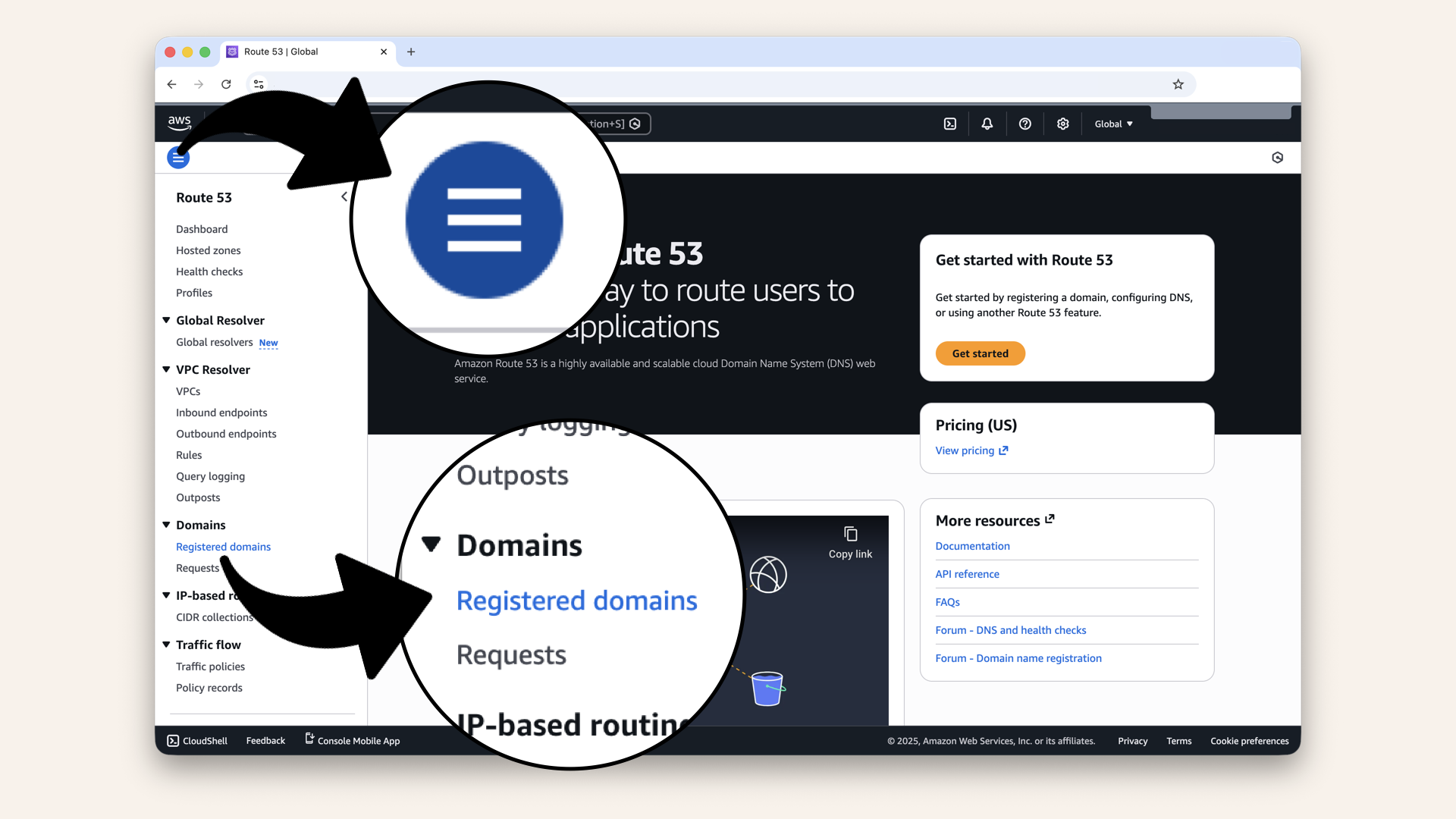 Click to expand the left menu, then click Registered domains in the left menu