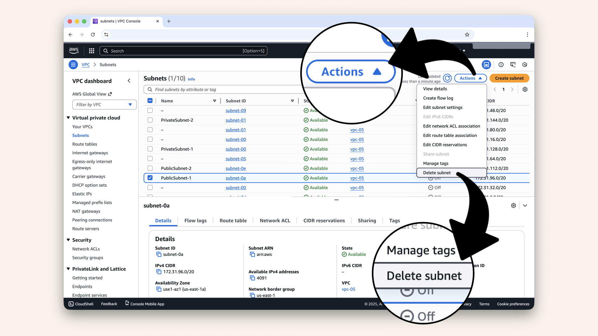 Click Actions โ Delete subnet Click Actions โ Delete subnet