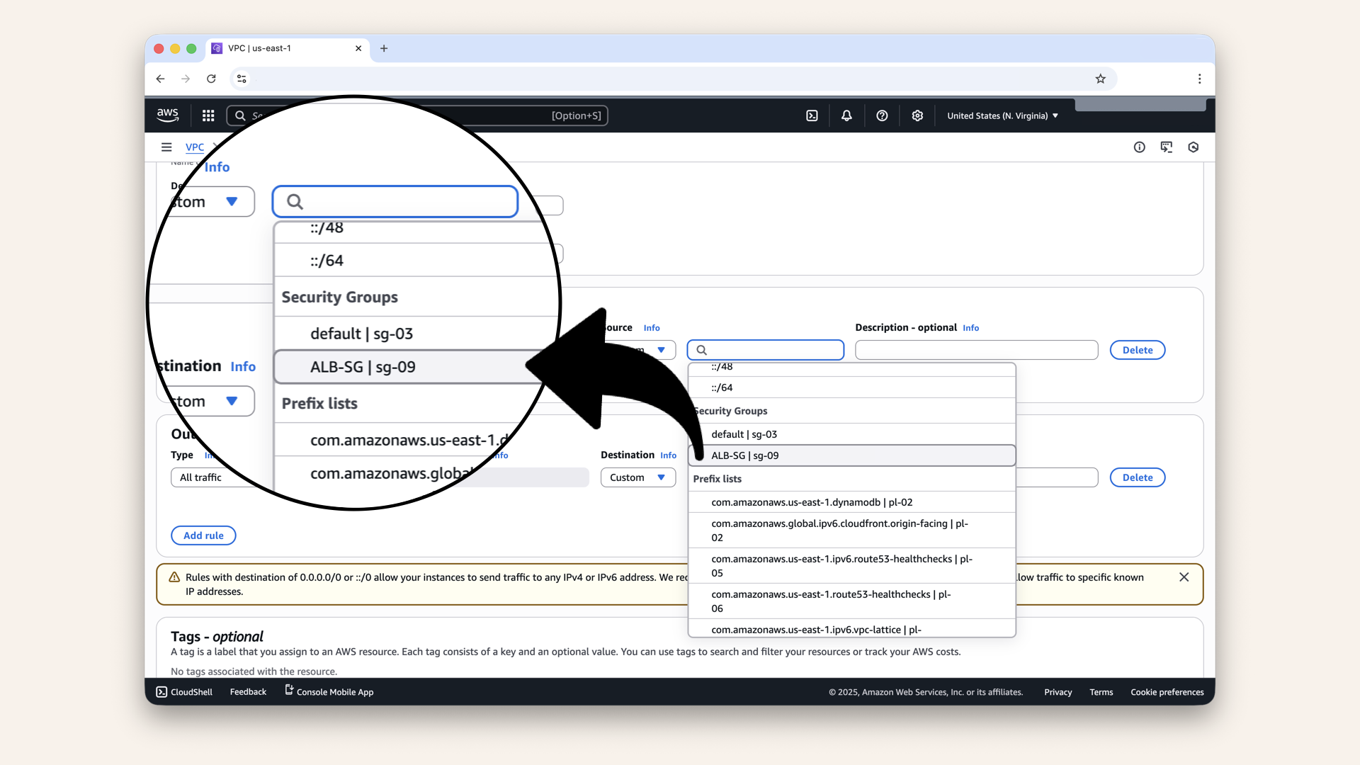 Select the security group we just created, ALB-SG, from the source dropdown Select the security group we just created: ALB-SG, from the source dropdown