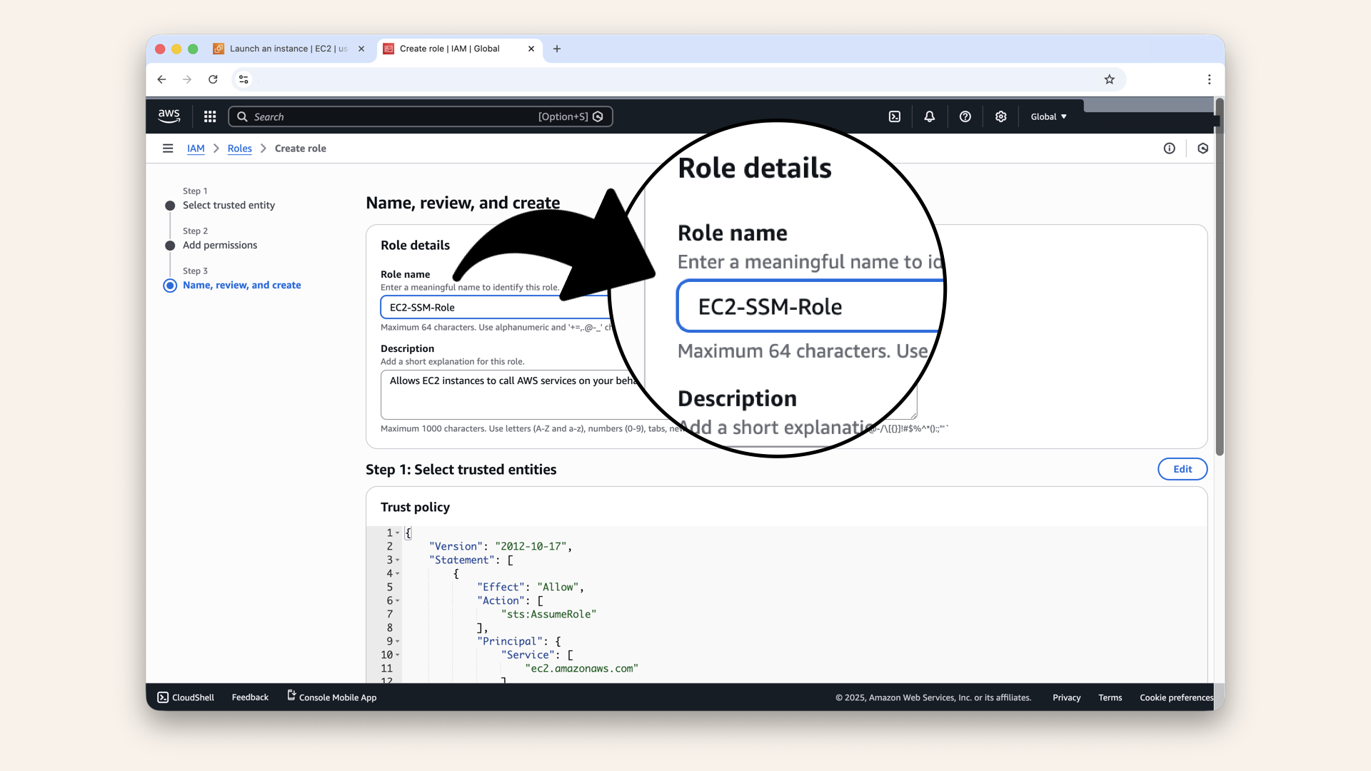 Name the role EC2-SSM-Role Name the role EC2-SSM-Role