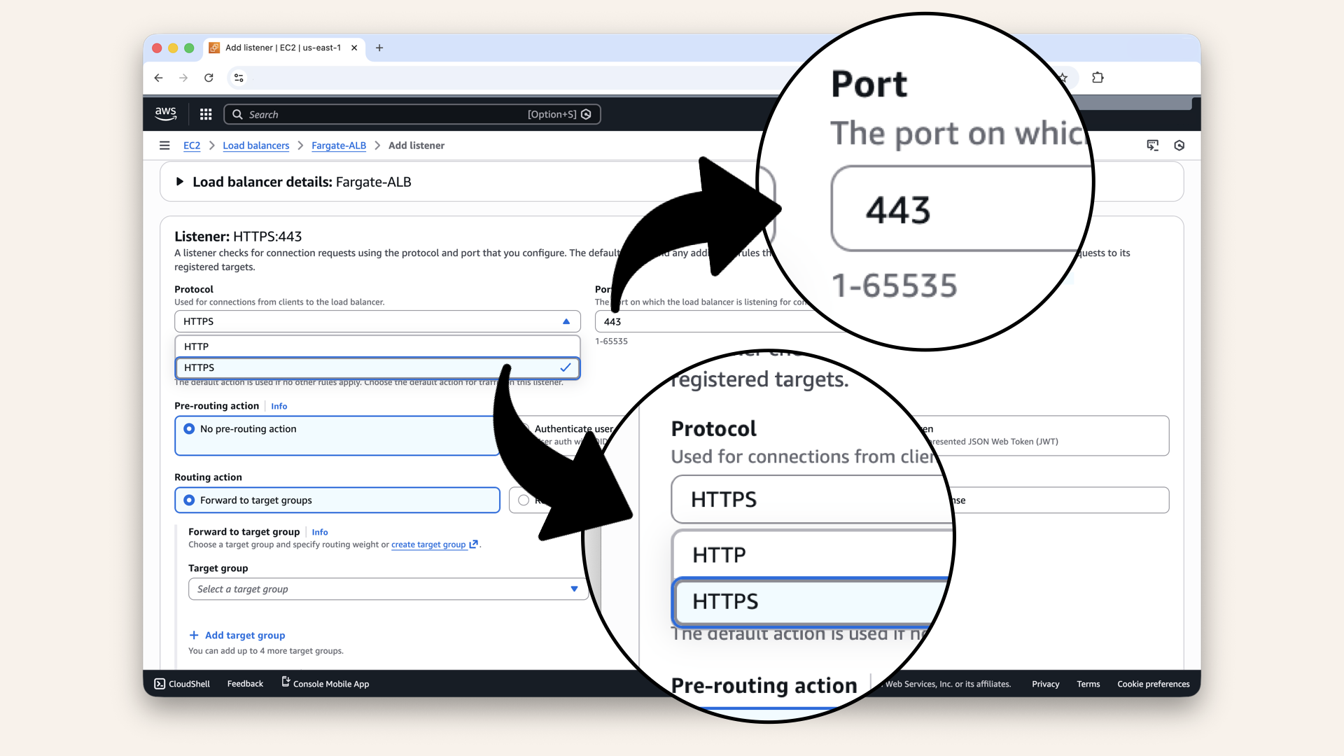 Select HTTPS and port 443