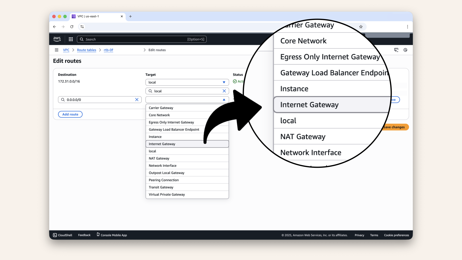 Select Internet Gateway as target in the dropdown Select Internet Gateway as target in the dropdown