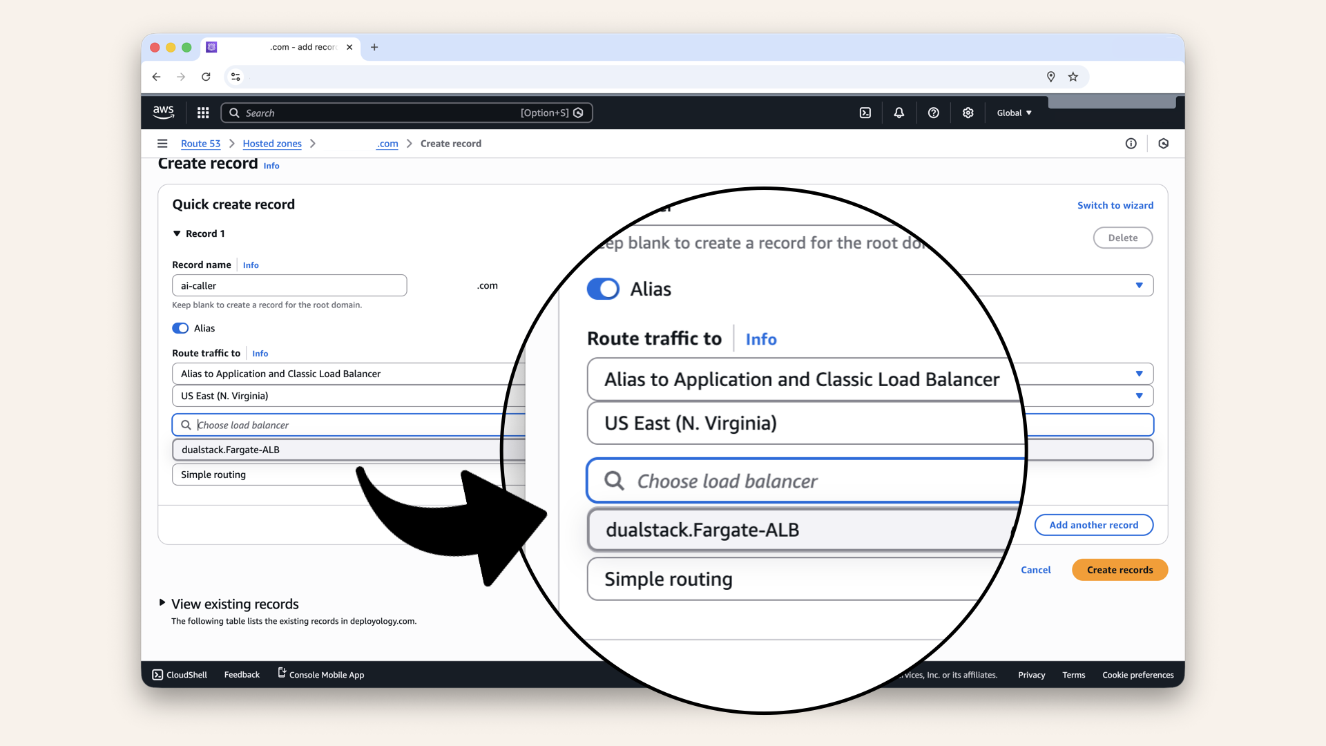 Route traffic to Application and Classic Load Balancer and select Fargate-ALB