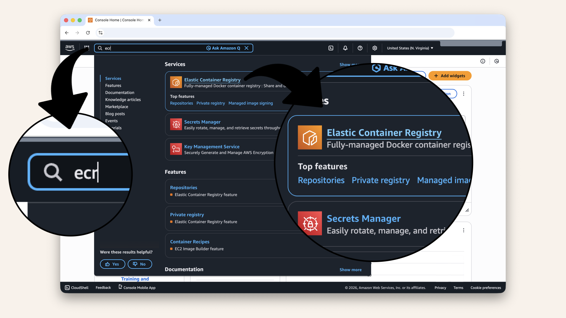In the AWS Console search bar at the top, type ecr and click Elastic Container Registry from the dropdown menu