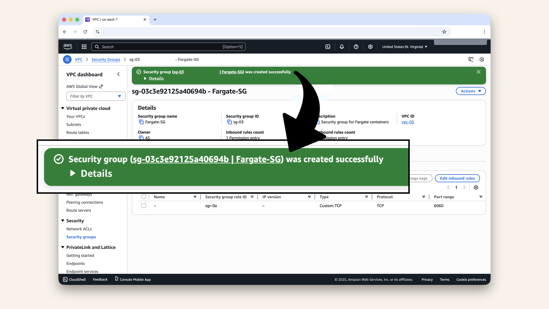 You should see: Security group created successfully You should see: Security group created successfully