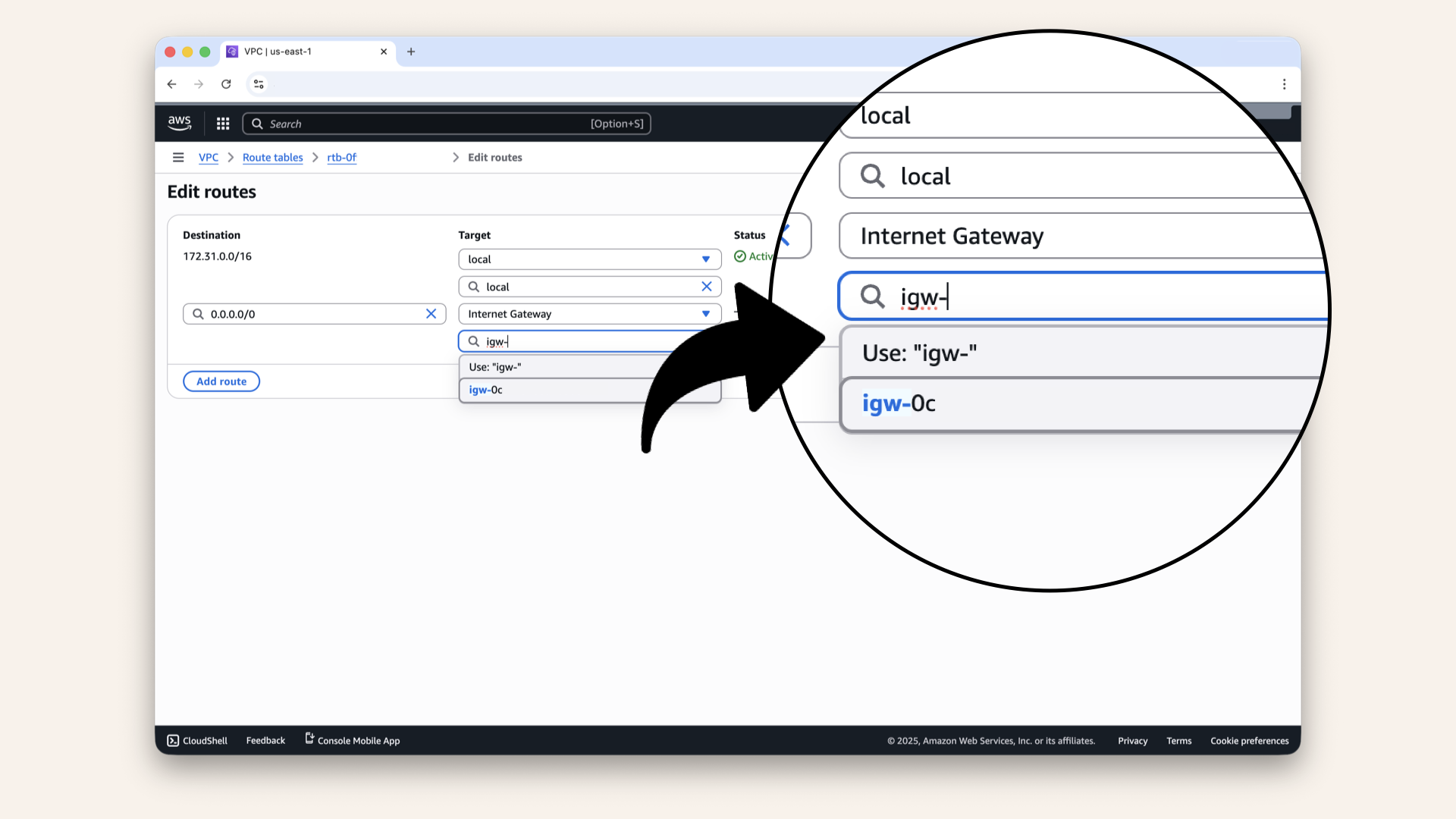 Select your Internet Gateway as the target in the new dropdown Select your Internet Gateway as the target in the new dropdown